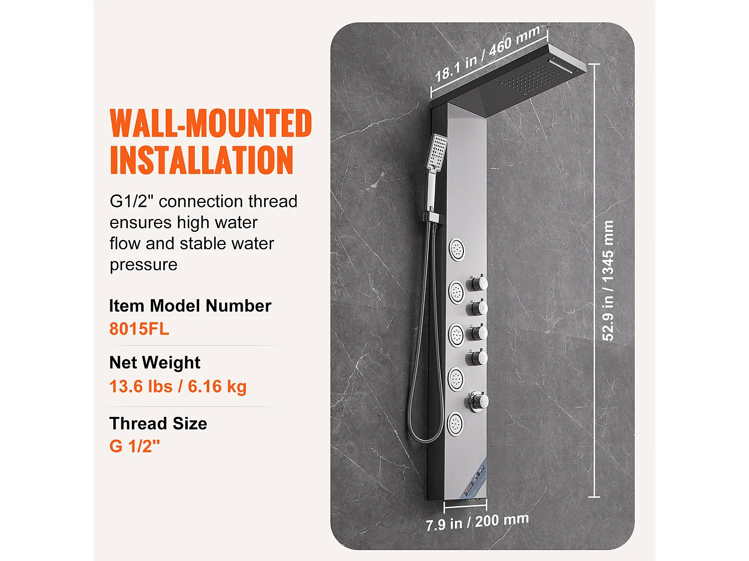 Système de Tour de Panneau de Douche SucceBuy en Acier Inoxydable, 4 Modes de Jets de Cascade et d'Effet Pluie