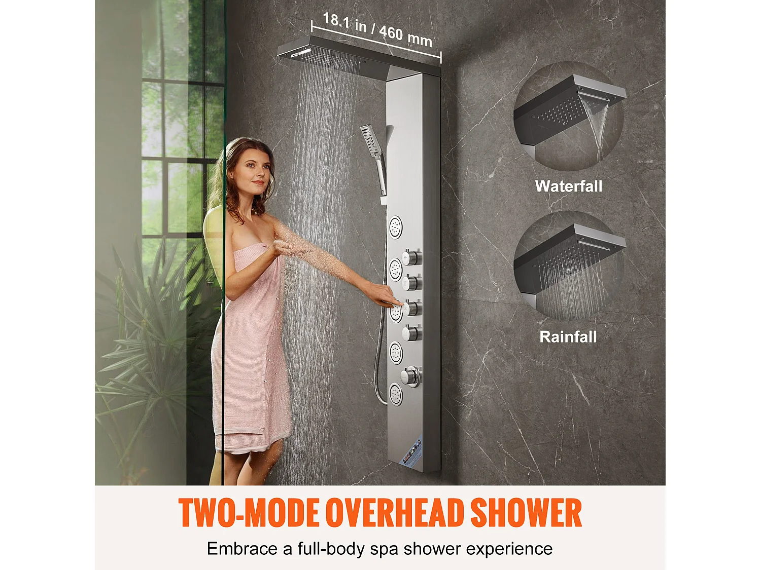 Système de Tour de Panneau de Douche SucceBuy en Acier Inoxydable, 4 Modes de Jets de Cascade et d'Effet Pluie