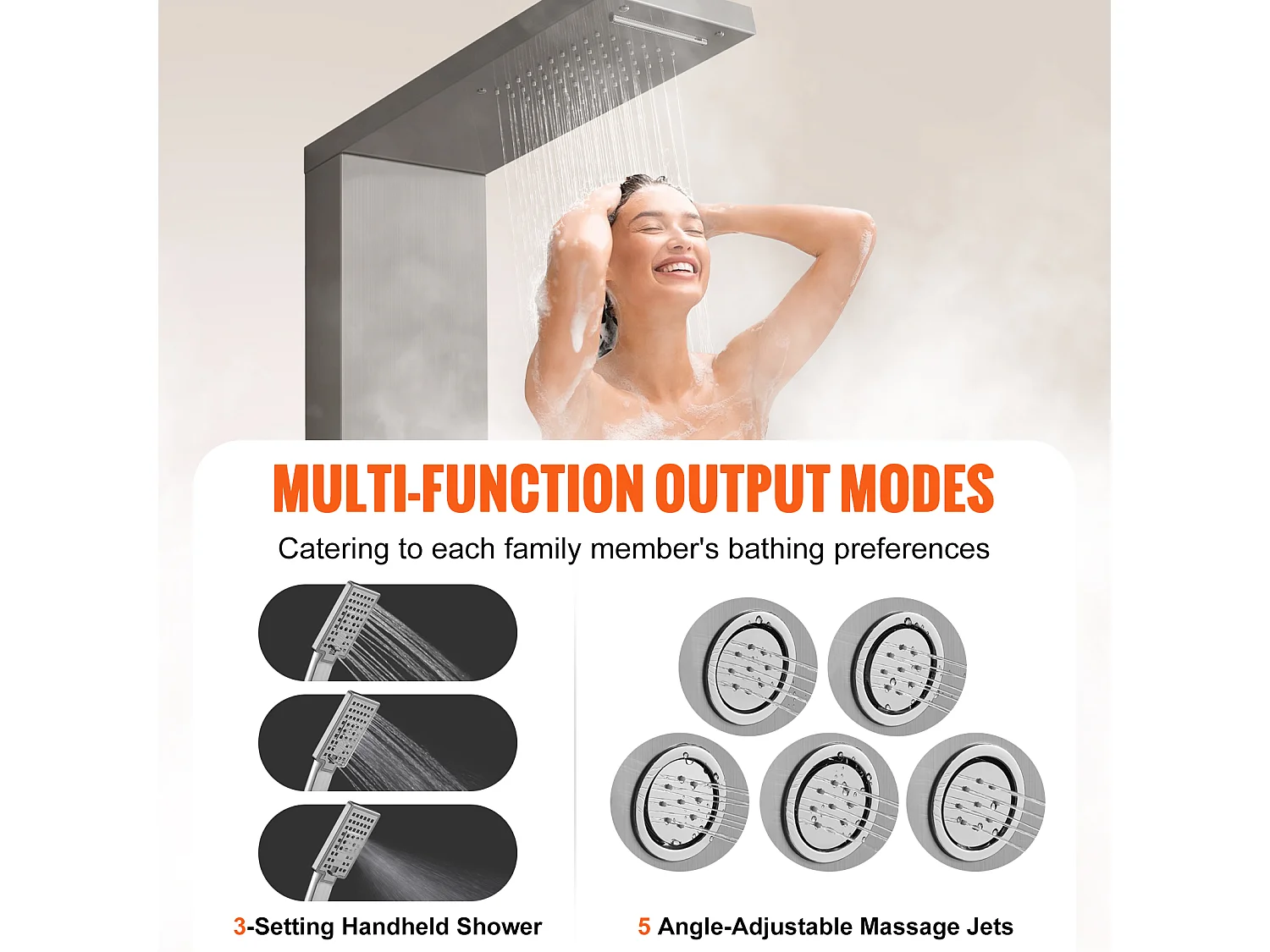 Système de Tour de Panneau de Douche SucceBuy en Acier Inoxydable, 4 Modes de Jets de Cascade et d'Effet Pluie