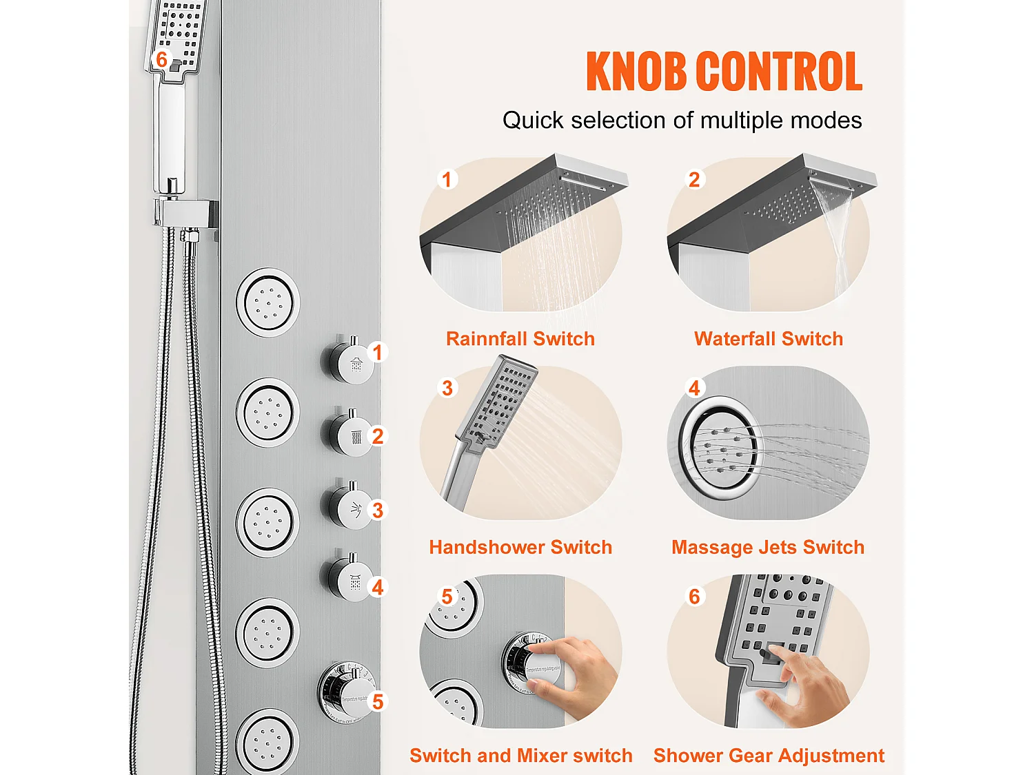 Système de Tour de Panneau de Douche SucceBuy en Acier Inoxydable, 4 Modes de Jets de Cascade et d'Effet Pluie