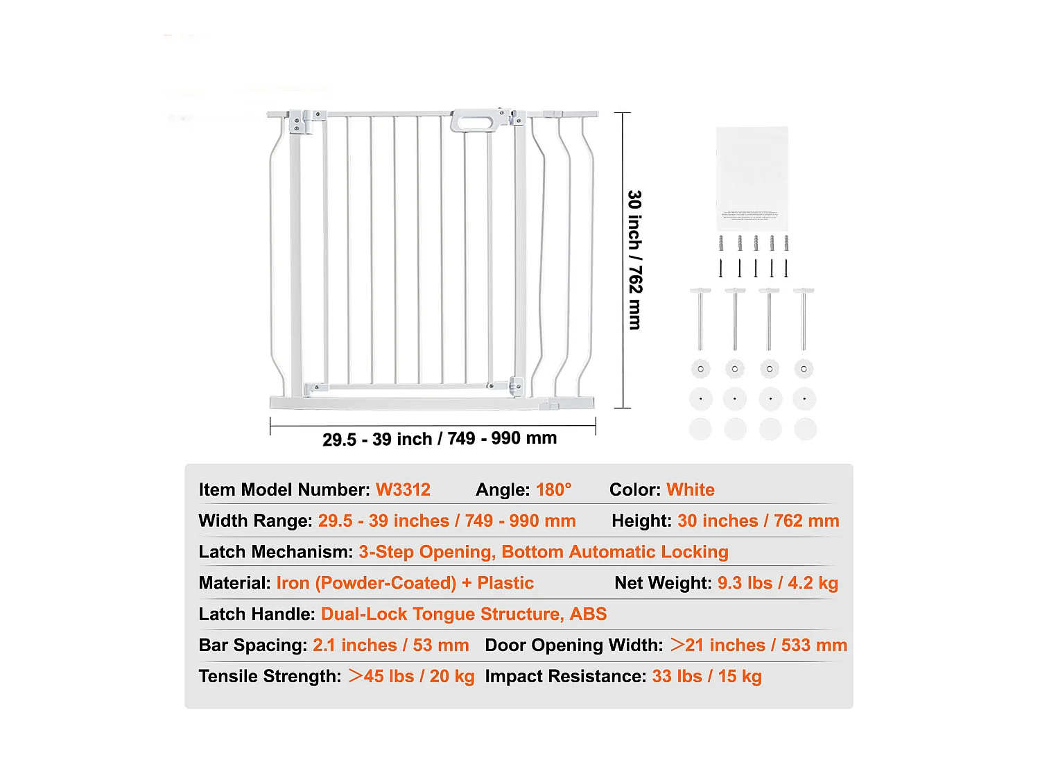 Barrière de Sécurité pour Bébé SucceBuy, Barrière pour Chien, 74.9-94 cm de Largeur x 76 cm de Hauteur