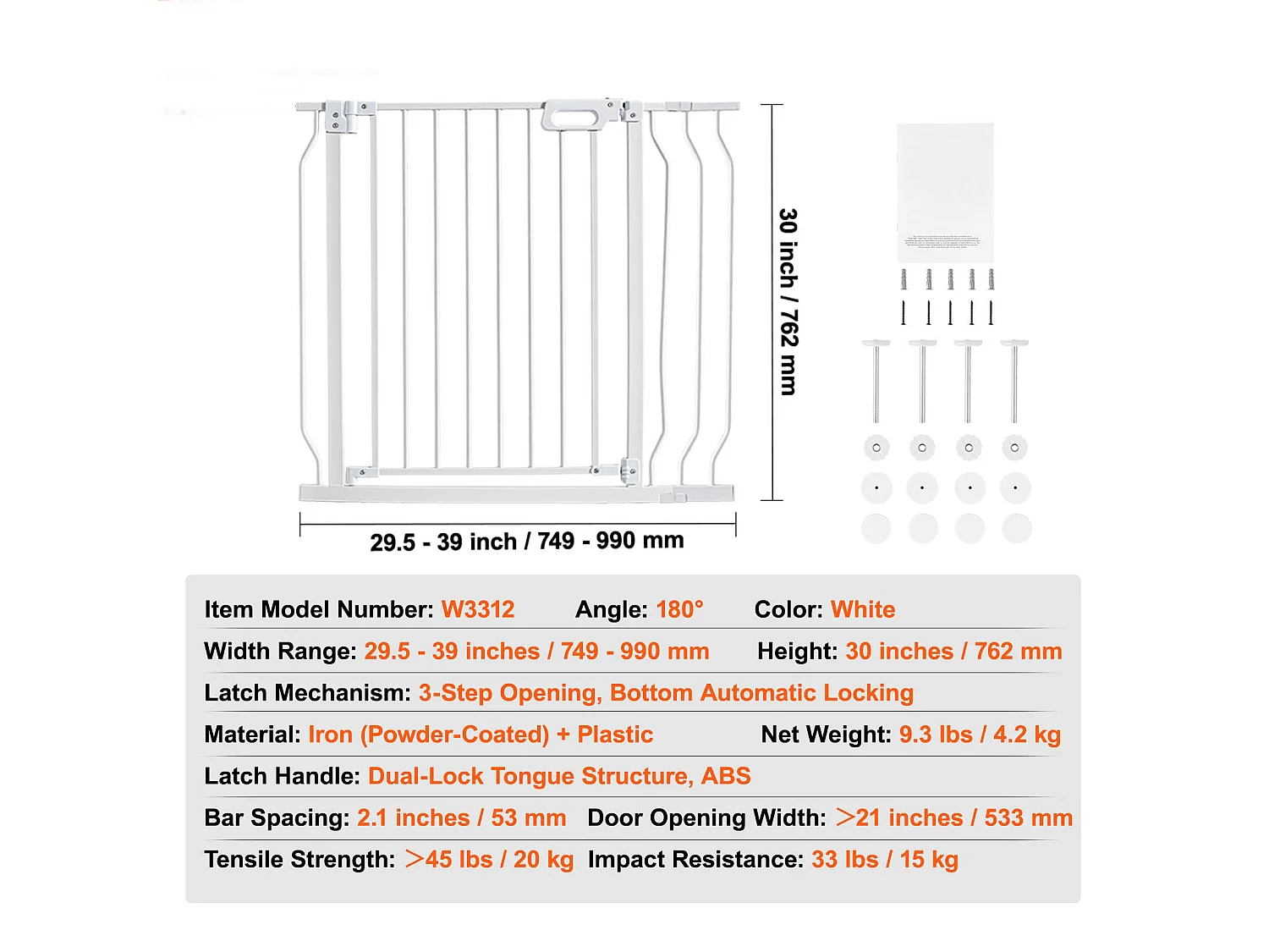 Barrière de Sécurité pour Bébé SucceBuy, Barrière pour Chien, 74.9-94 cm de Largeur x 76 cm de Hauteur
