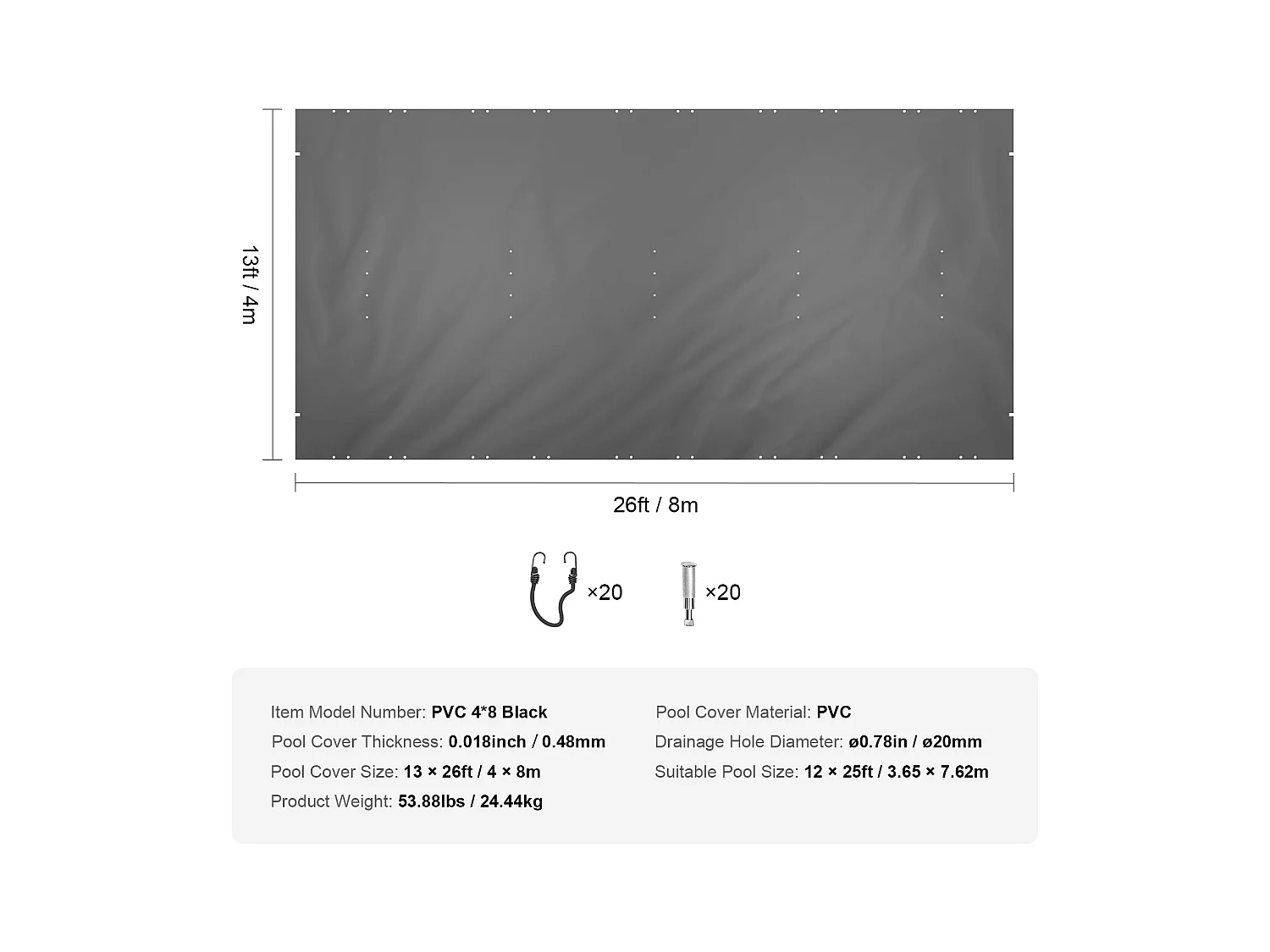 Bache Piscine Hivernage, SucceBuy Couverture de Sécurité pour Piscine Enterrée Rectangulaire 12x25 Pieds