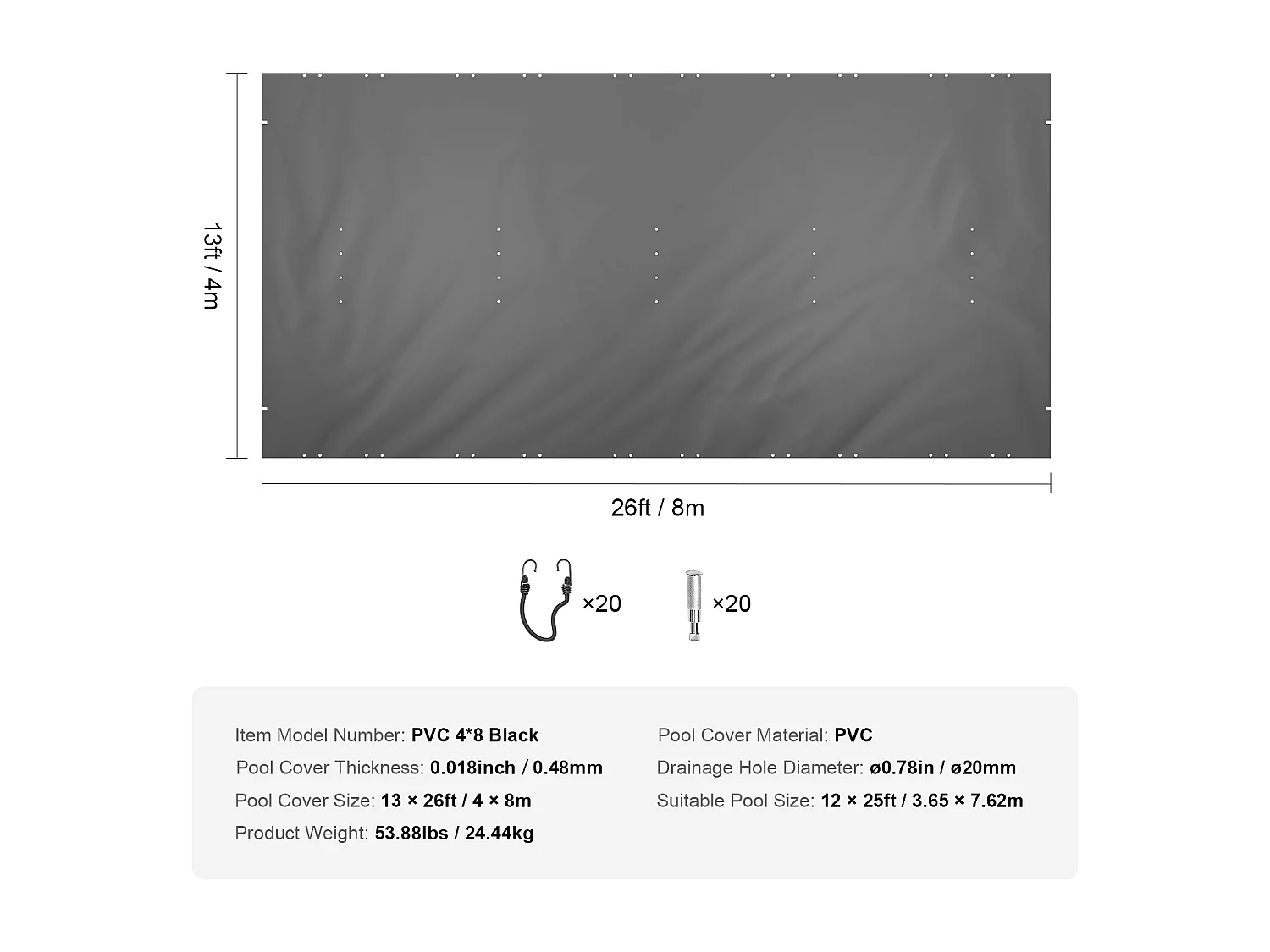 Bache Piscine Hivernage, SucceBuy Couverture de Sécurité pour Piscine Enterrée Rectangulaire 12x25 Pieds