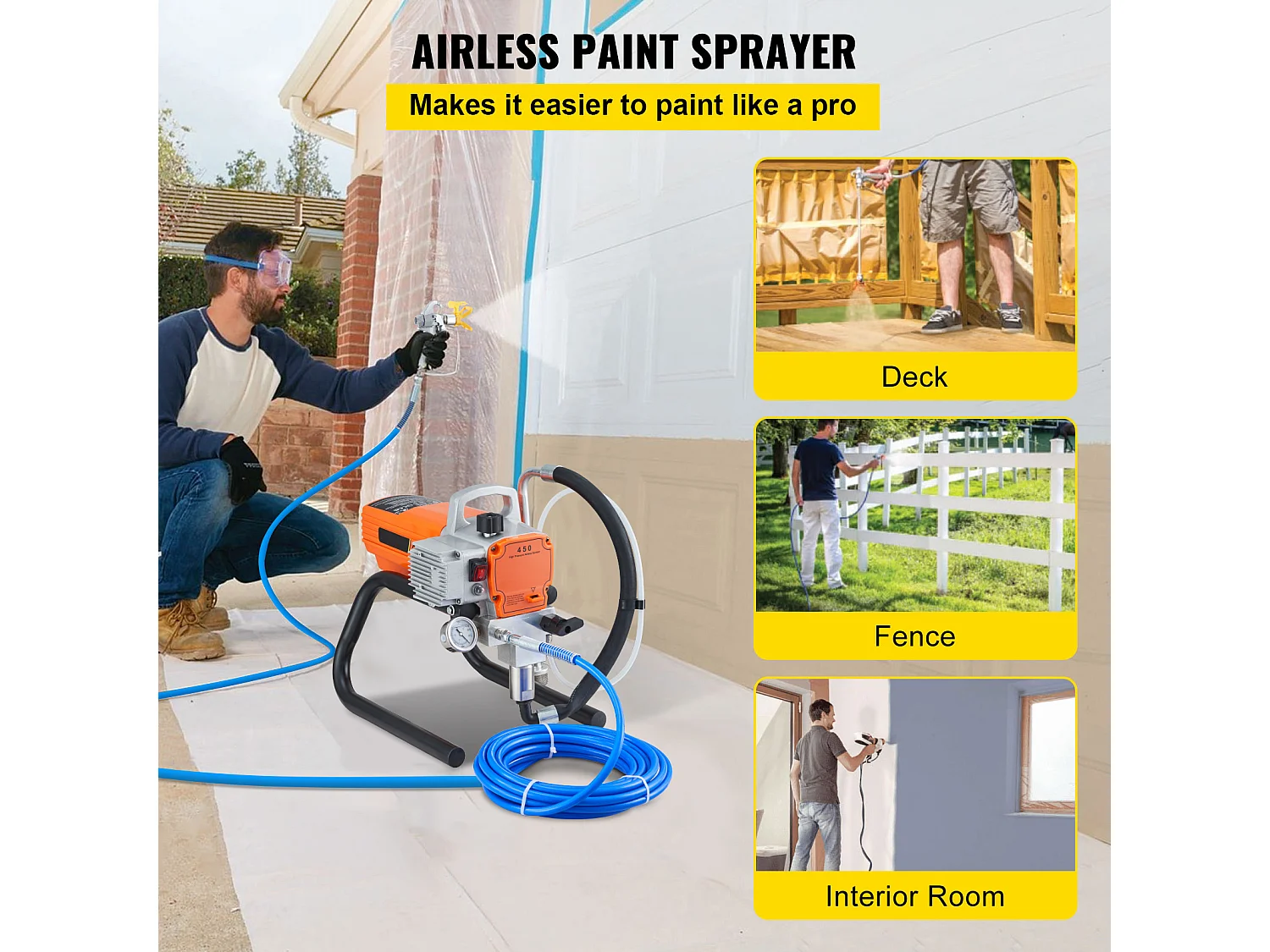 Pulvérisateur Sans Air SucceBuy 1500 W, 3000 PSI, 1,8 L/min, pour Peinture Intérieure et Extérieure, Fournitures, Clôtures, Construction