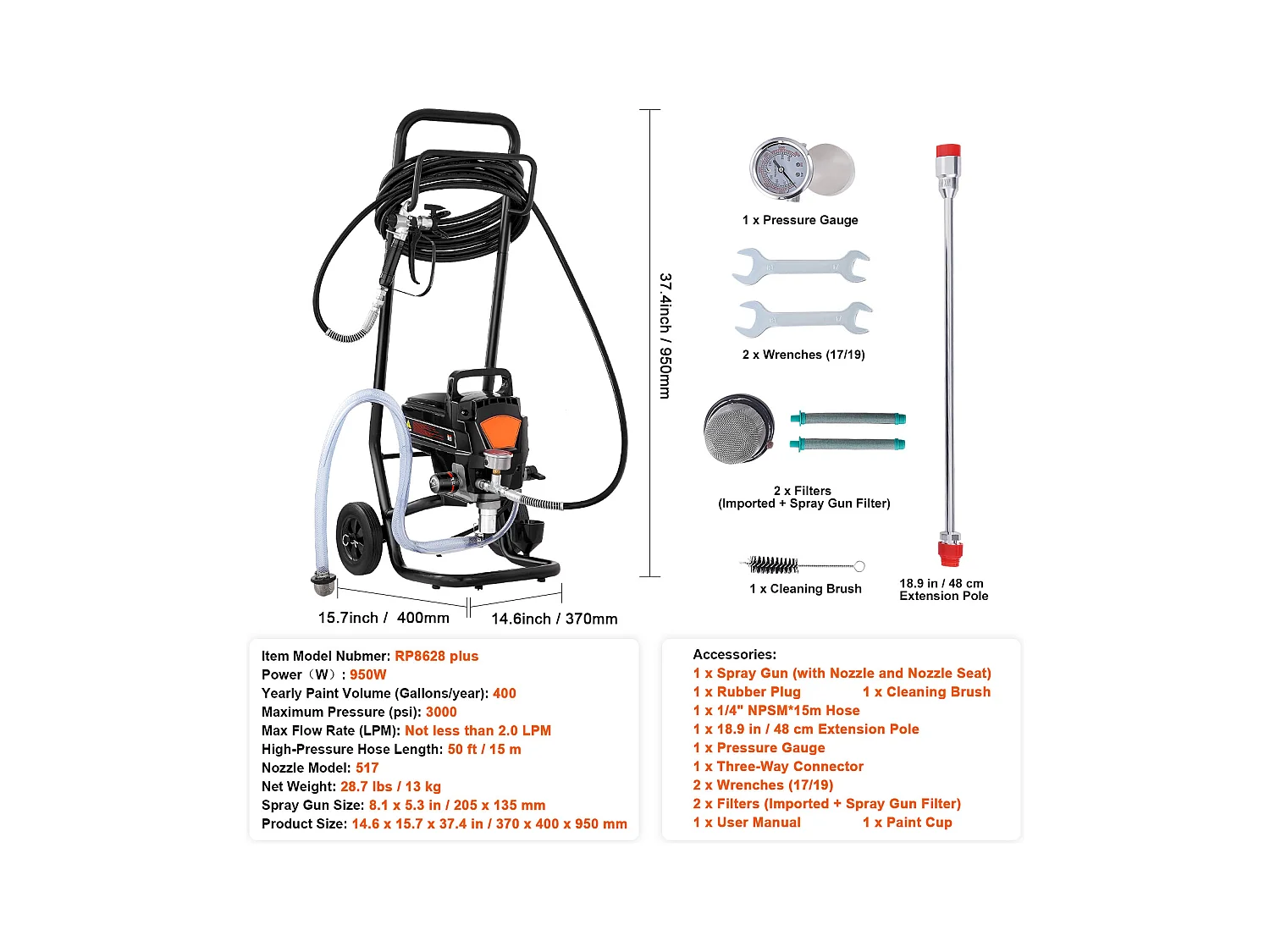 Pulvérisateur de Peinture Sans Air Sur Pied SucceBuy, Pulvérisateur Électrique 950 W 3000 PSI avec Chariot