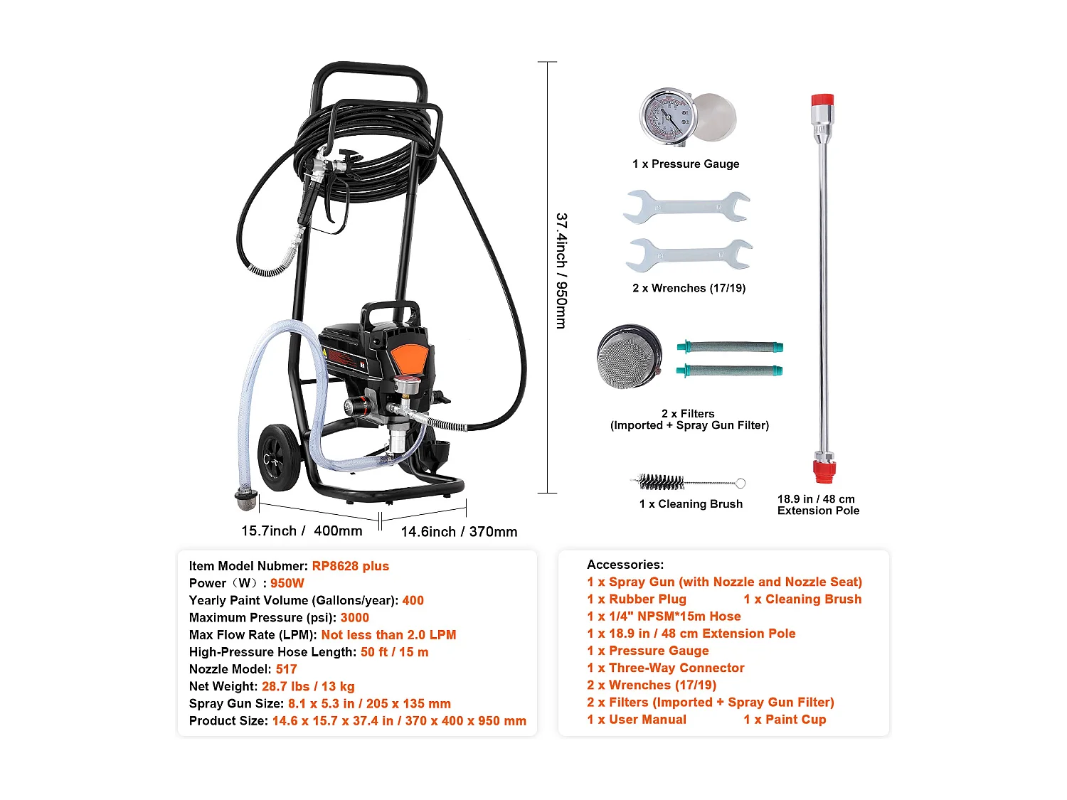 Pulvérisateur de Peinture Sans Air Sur Pied SucceBuy, Pulvérisateur Électrique 950 W 3000 PSI avec Chariot