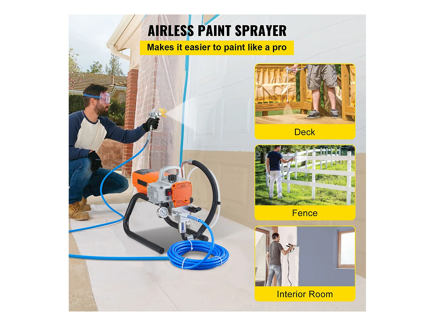 Pulvérisateur Sans Air SucceBuy 1800 W, 3000 PSI, 1,8 L/min, Pression de Pulvérisation Réglable, pour Peinture Intérieure Extérieure