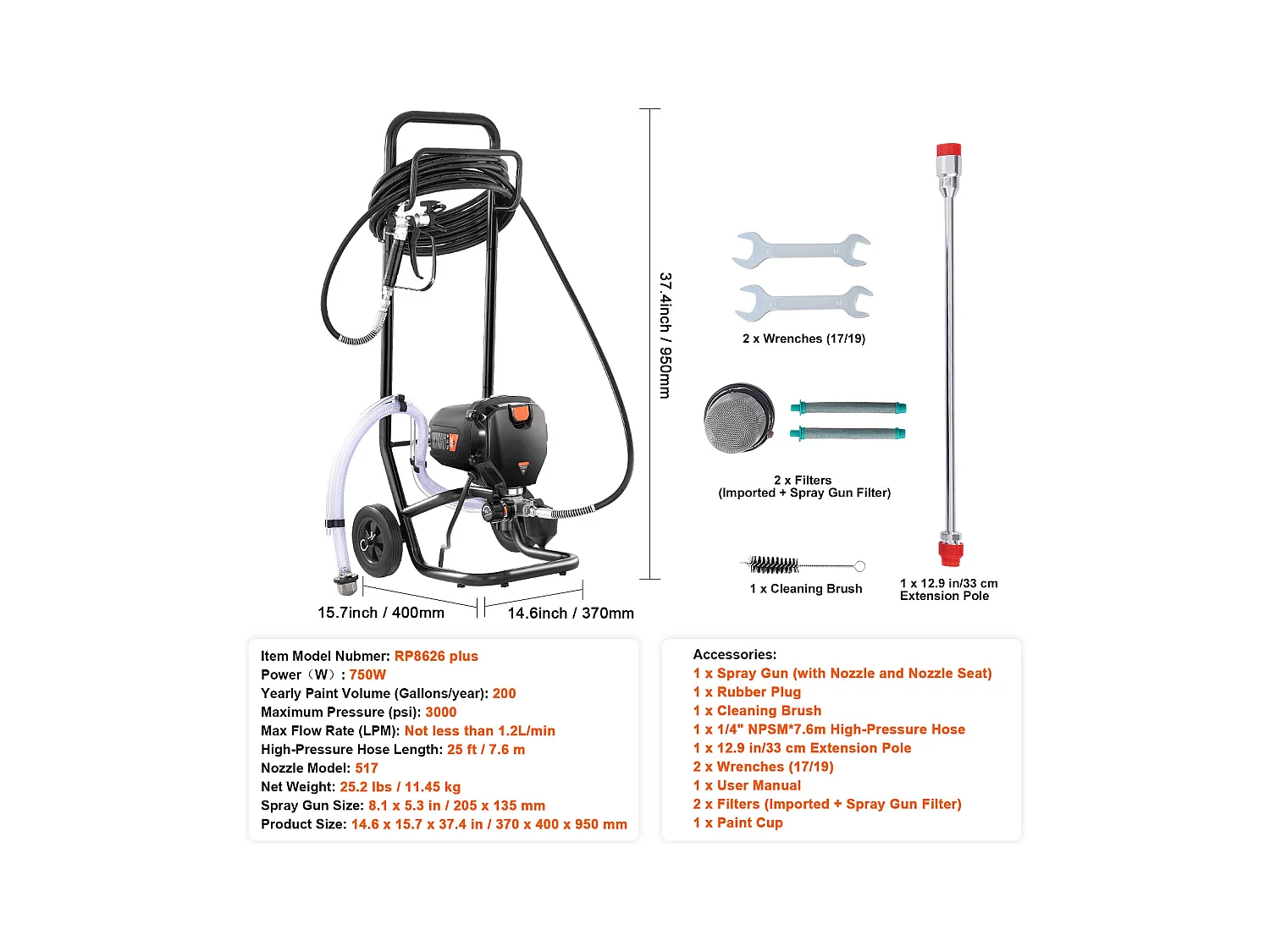Pulvérisateur de Peinture Sans Air Sur Pied SucceBuy, Pulvérisateur Électrique 750 W 3000 PSI avec Chariot