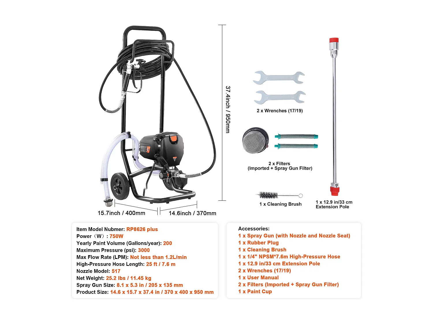 Pulvérisateur de Peinture Sans Air Sur Pied SucceBuy, Pulvérisateur Électrique 750 W 3000 PSI avec Chariot