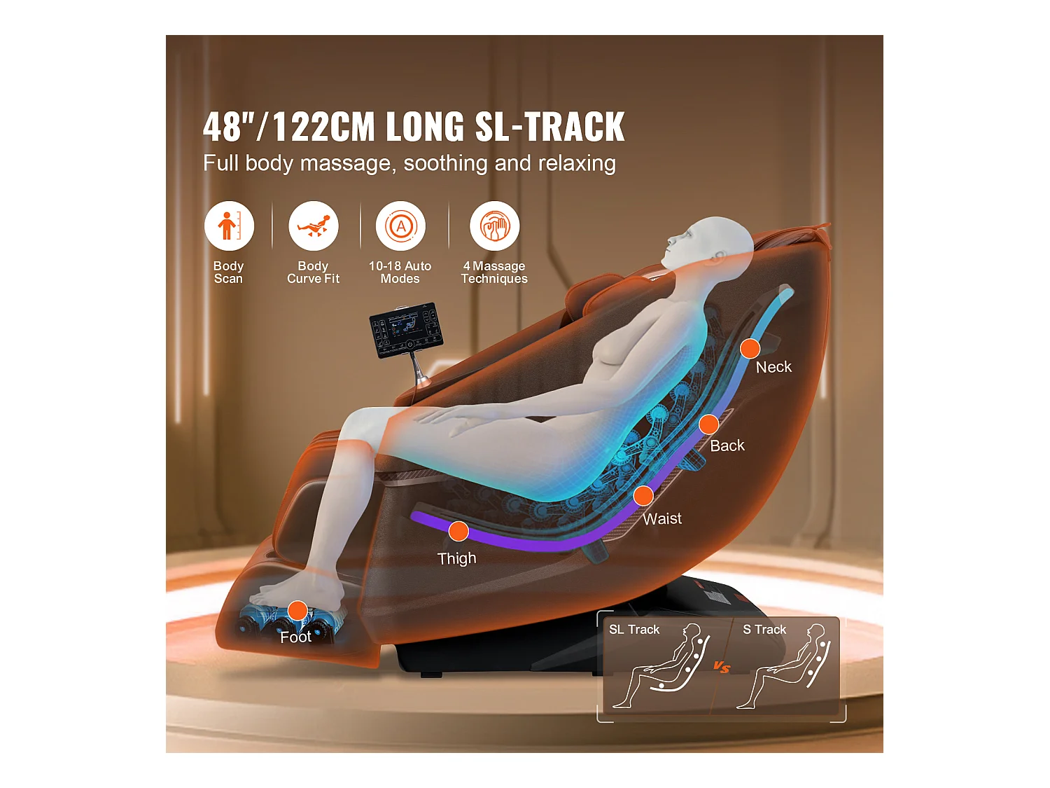 Fauteuil Massant SucceBuy Fauteuil de Massage 3D Shiatsu SL Rail Zero Gravity 10-18 modes Chauffage Haut-parleur Bluetooth 160 kg