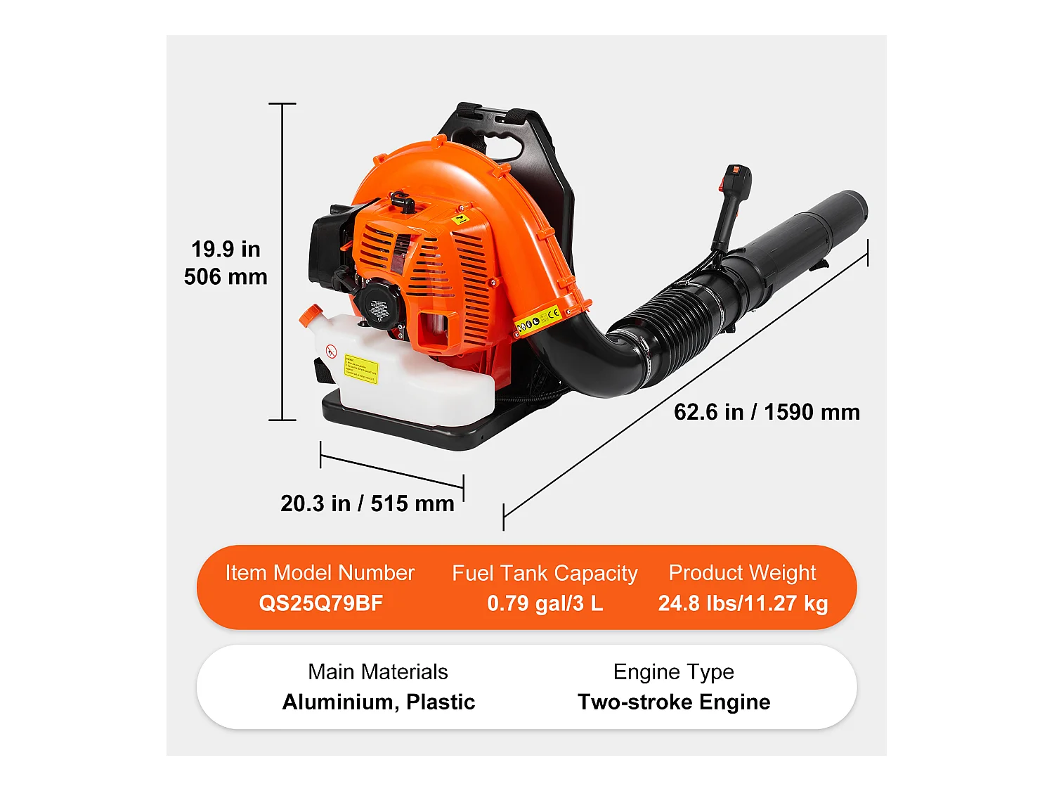 Soffiatore a Zaino SucceBuy 79CC a 2 Tempi, Volume D'aria 930 CFM, Velocità 184 MPH