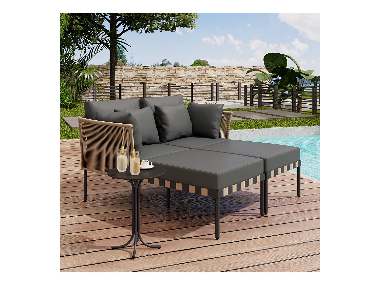 Chaise longue d'extérieur,amovible et modulable,meubles de patio avec 4 coussins, table basse avec coussins amovibles et lavables, gris