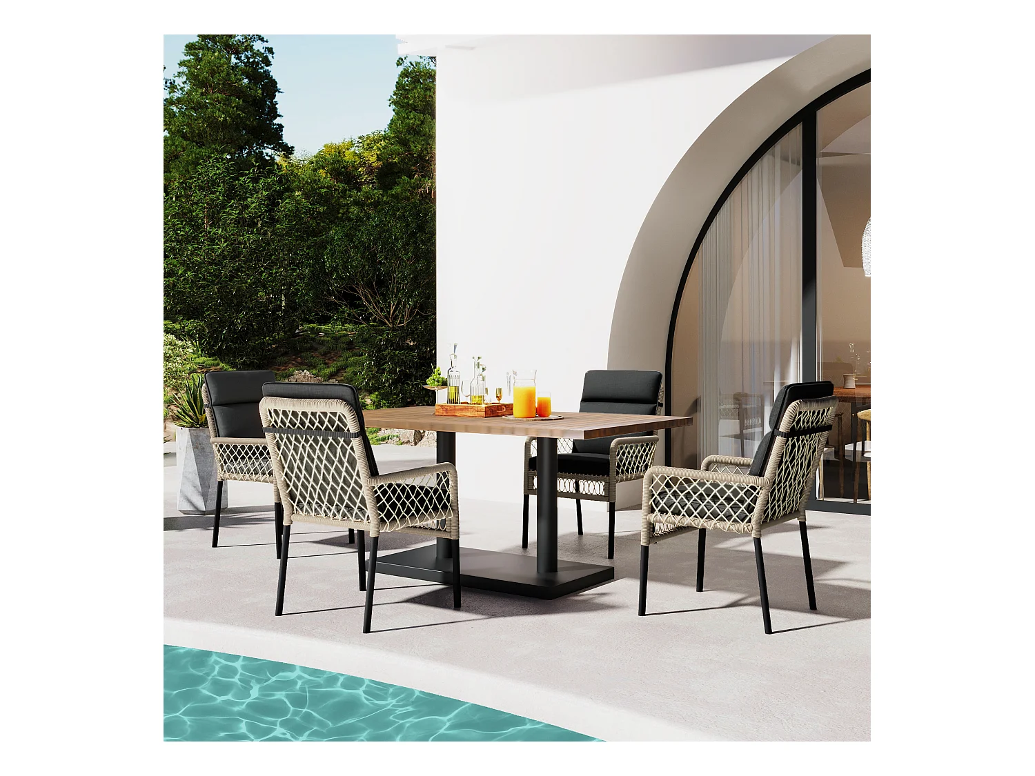 Ensemble de table et chaises de salle à manger d'extérieur 5 pièces , plateau de table en bois d'acacia massif, chaises enveloppées de rotin PE