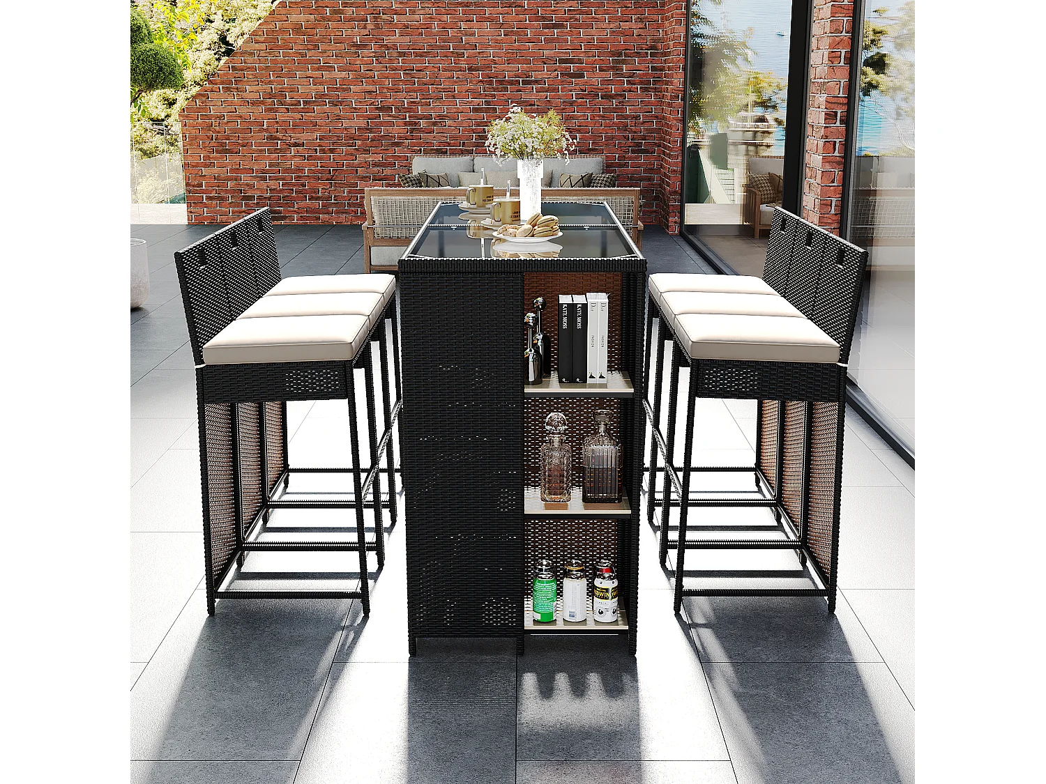 Ensemble de bar de jardin 7 pièces avec coussins, espace de rangement, plateau de table en verre trempé, polyrotin, mélange noir-marron foncé