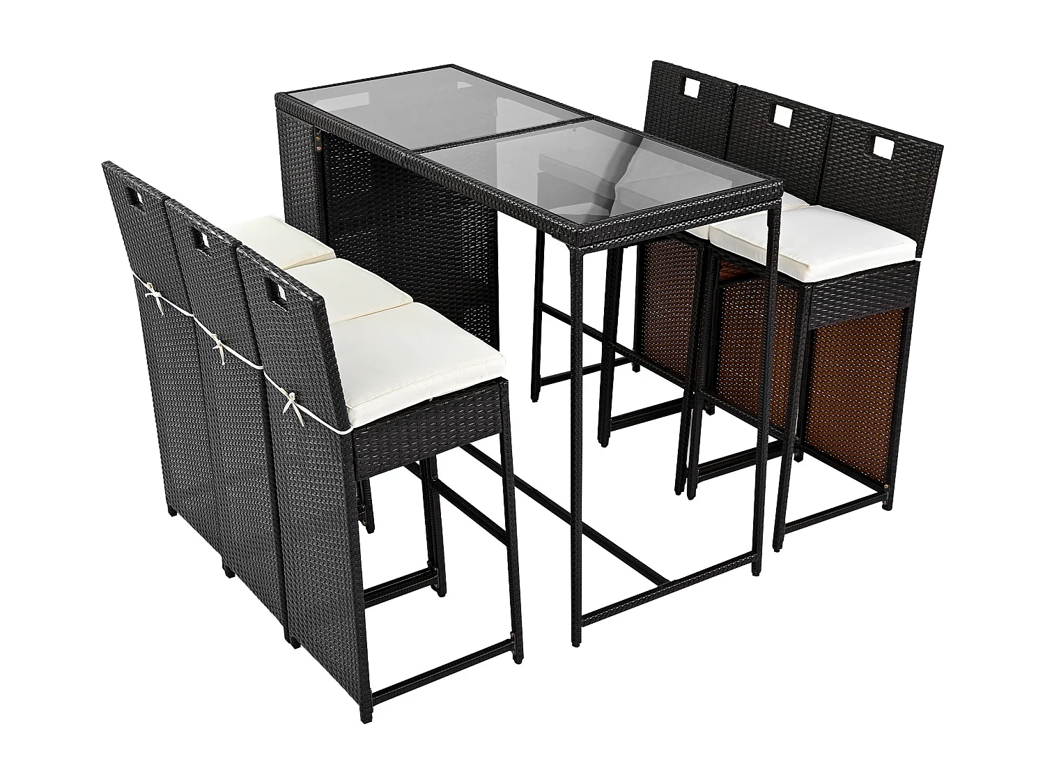 Ensemble de bar de jardin 7 pièces avec coussins, espace de rangement, plateau de table en verre trempé, polyrotin, mélange noir-marron foncé