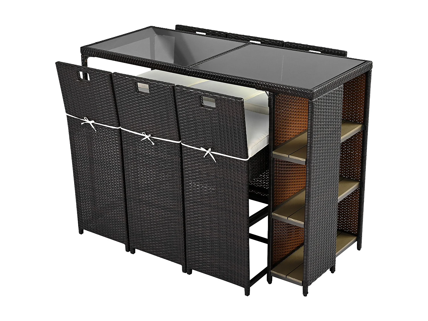 Ensemble de bar de jardin 7 pièces avec coussins, espace de rangement, plateau de table en verre trempé, polyrotin, mélange noir-marron foncé