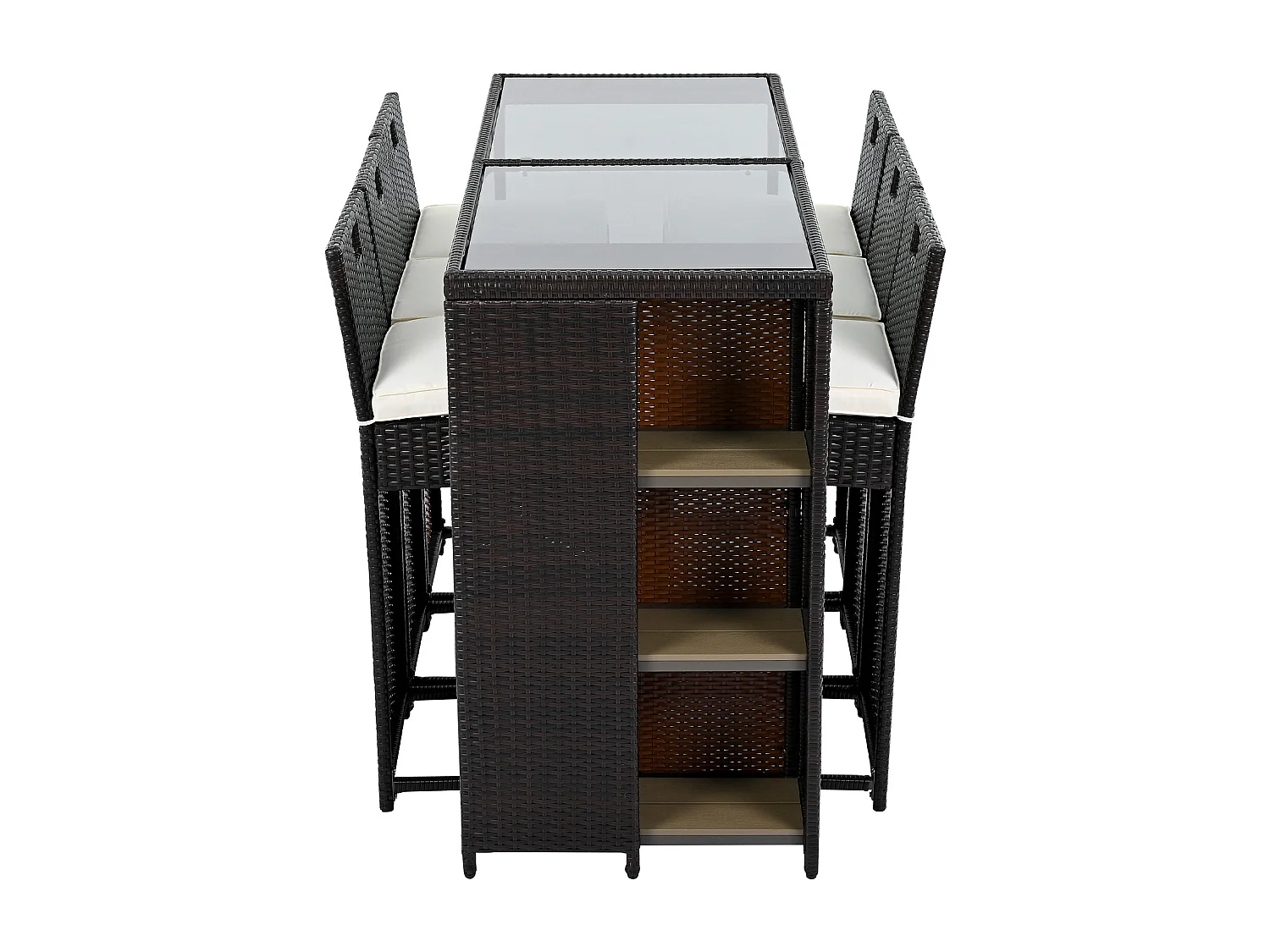 Ensemble de bar de jardin 7 pièces avec coussins, espace de rangement, plateau de table en verre trempé, polyrotin, mélange noir-marron foncé