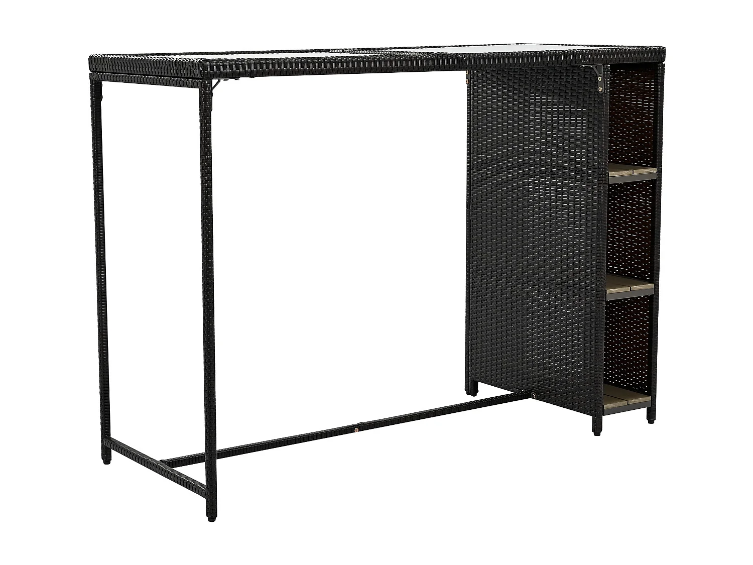 Ensemble de bar de jardin 7 pièces avec coussins, espace de rangement, plateau de table en verre trempé, polyrotin, mélange noir-marron foncé