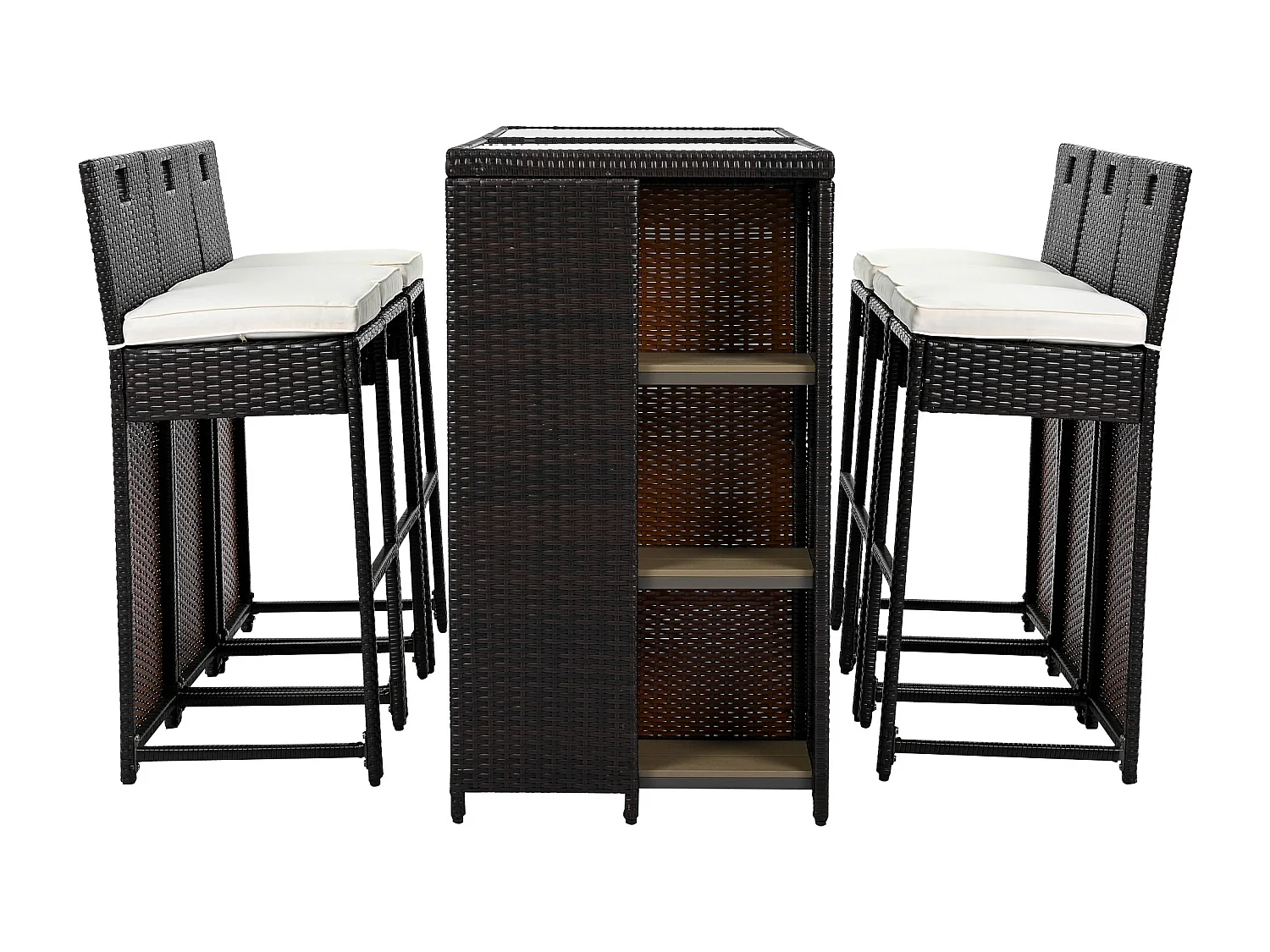 Ensemble de bar de jardin 7 pièces avec coussins, espace de rangement, plateau de table en verre trempé, polyrotin, mélange noir-marron foncé