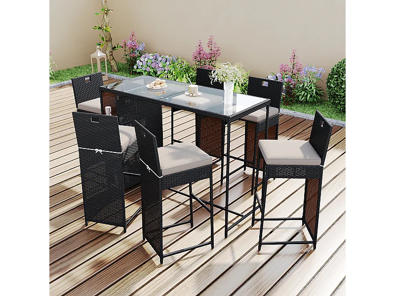 Ensemble de bar de jardin 7 pièces avec coussins, espace de rangement, plateau de table en verre trempé, polyrotin, mélange noir-marron foncé