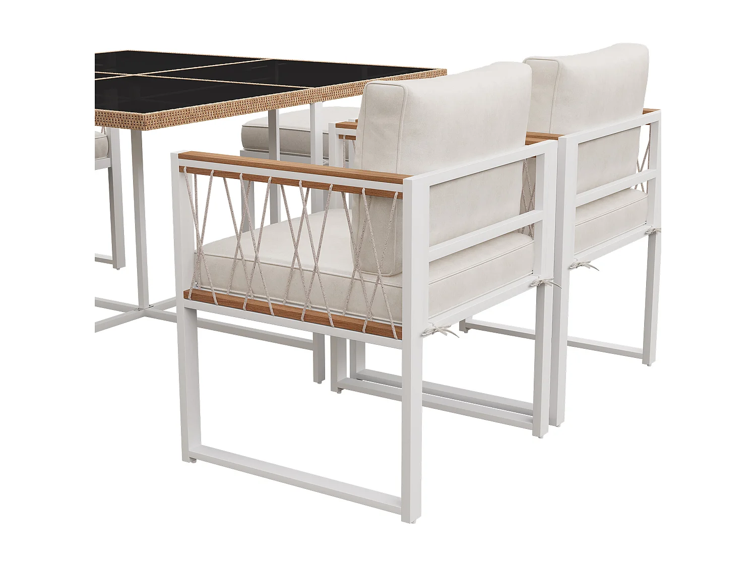 Ensemble table et chaises de salle à manger d'extérieur 7 pièces, table en verre trempé, revêtement en rotin PE, plateau d'accoudoir en bois d'acacia