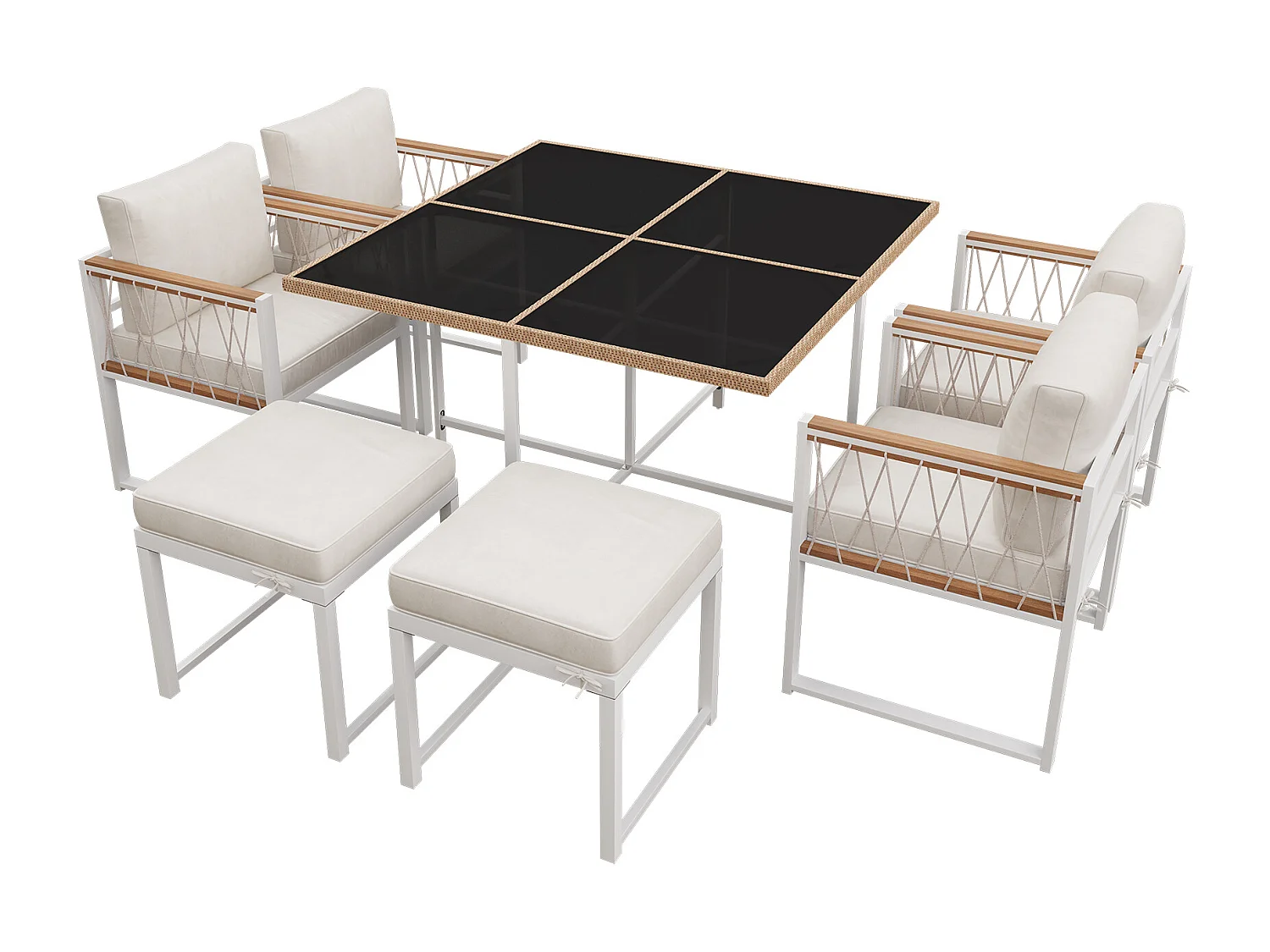Ensemble table et chaises de salle à manger d'extérieur 7 pièces, table en verre trempé, revêtement en rotin PE, plateau d'accoudoir en bois d'acacia