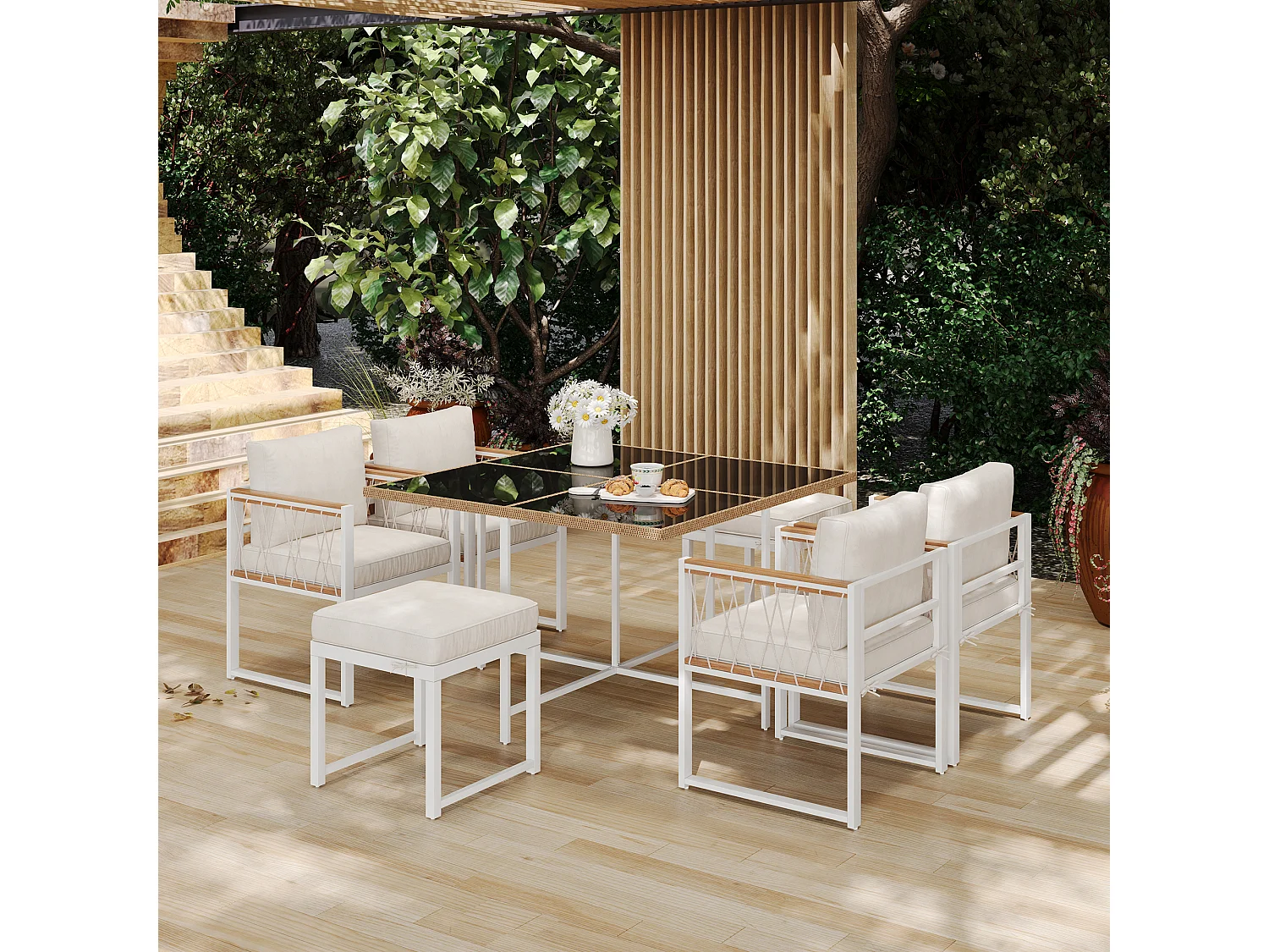 7-delige tuinset met eettafel en stoelen, tafelblad van gehard glas, zitting van PE-rotan, armleuningen van acaciahout.