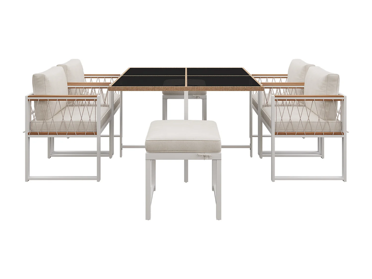 7-delige tuinset met eettafel en stoelen, tafelblad van gehard glas, zitting van PE-rotan, armleuningen van acaciahout.