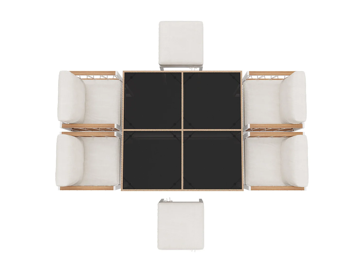 7-delige tuinset met eettafel en stoelen, tafelblad van gehard glas, zitting van PE-rotan, armleuningen van acaciahout.