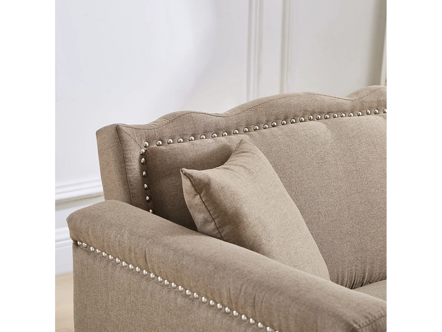 Sofá de dois lugares, sofá reclinável, encosto duplo ajustável independentemente, acabamento em metal, tecido de algodão e linho, bege