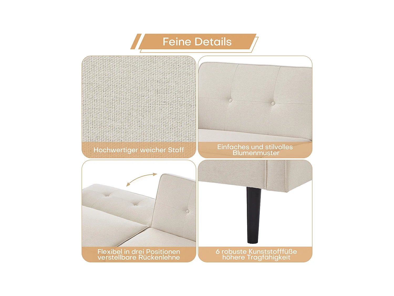 Canapé-lit 2 en 1, canapé double, dossier double réglable indépendamment, avec fonction couchage, tissu coton et lin, beige