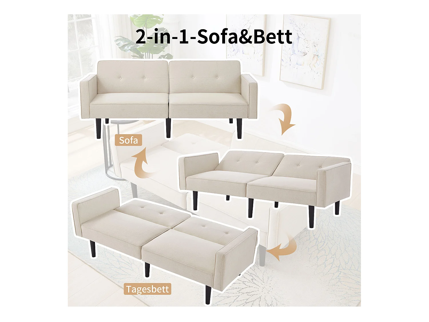 Canapé-lit 2 en 1, canapé double, dossier double réglable indépendamment, avec fonction couchage, tissu coton et lin, beige