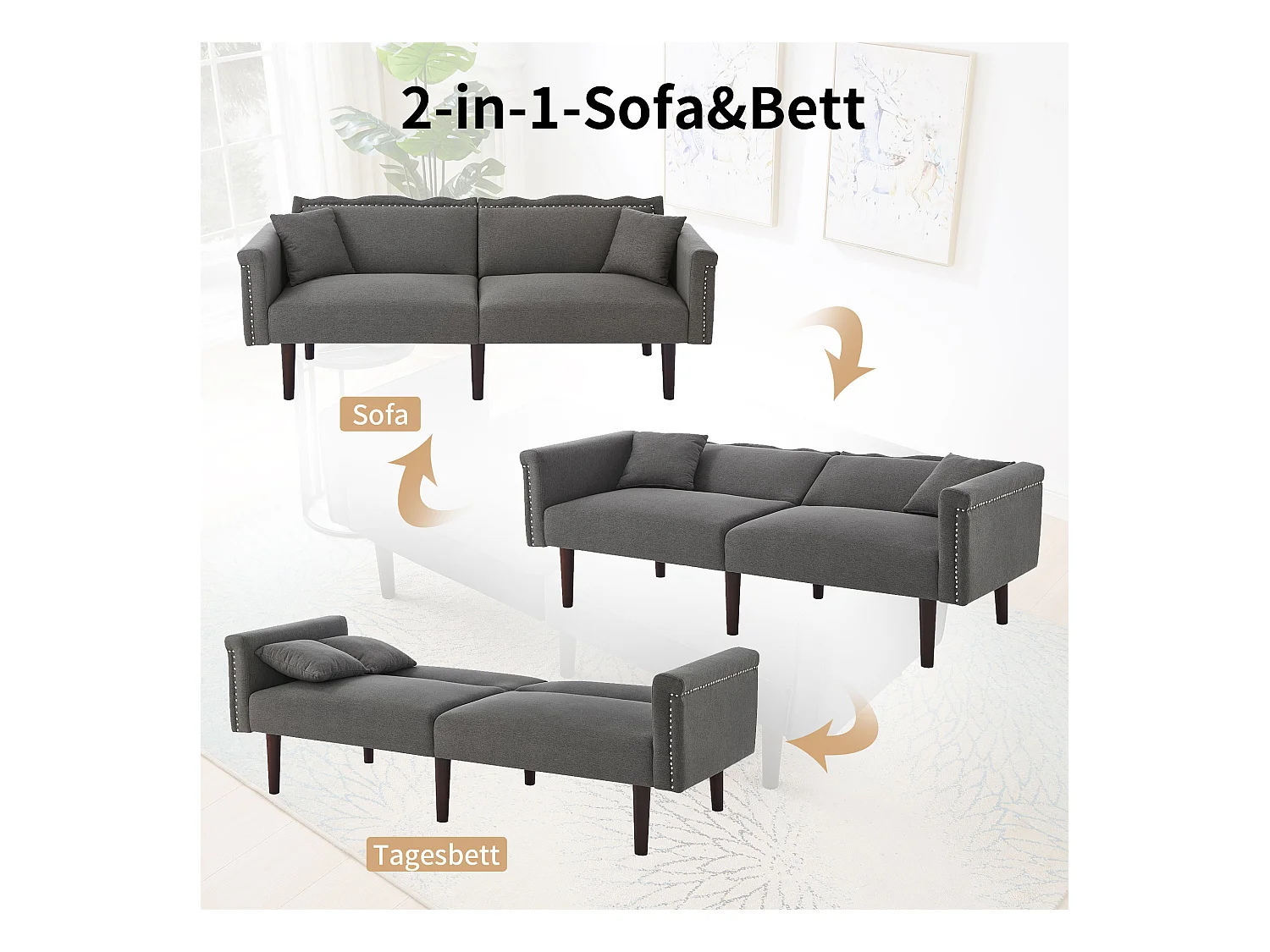 Canapé 2 places avec fonction inclinable, dossier double réglable indépendamment, décor métal, tissu coton et lin, noir