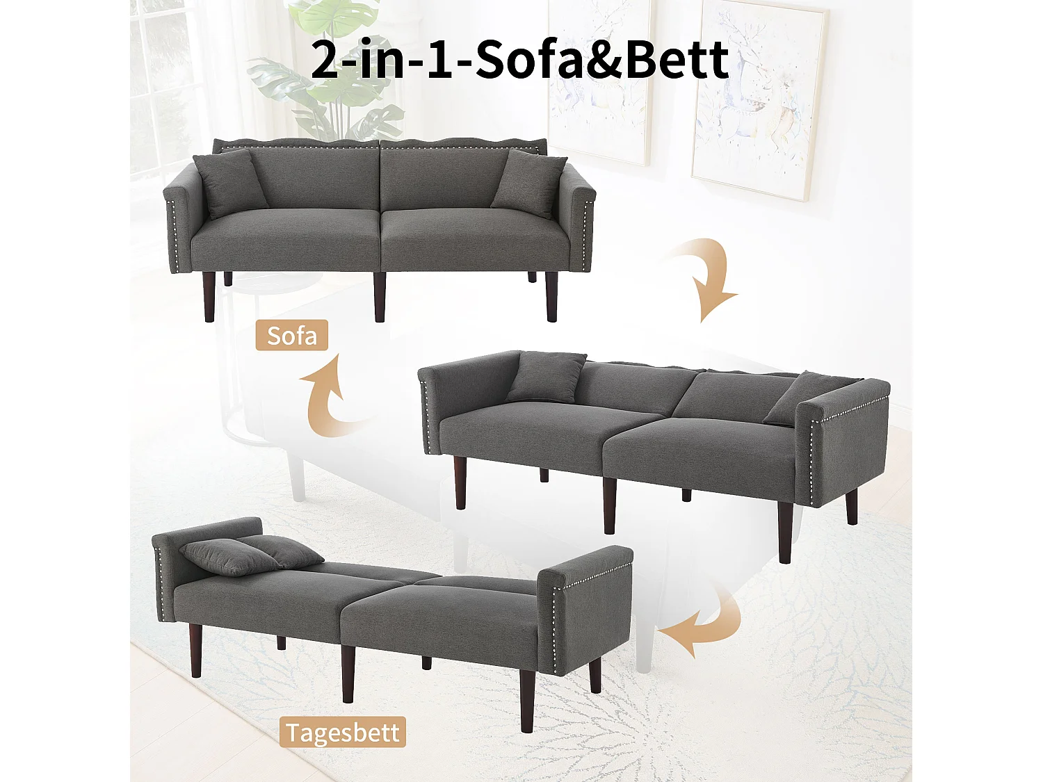 Sofá de dos plazas con función reclinable, respaldo doble regulable independientemente, decoración de metal, tejido de algodón y lino, color negro.