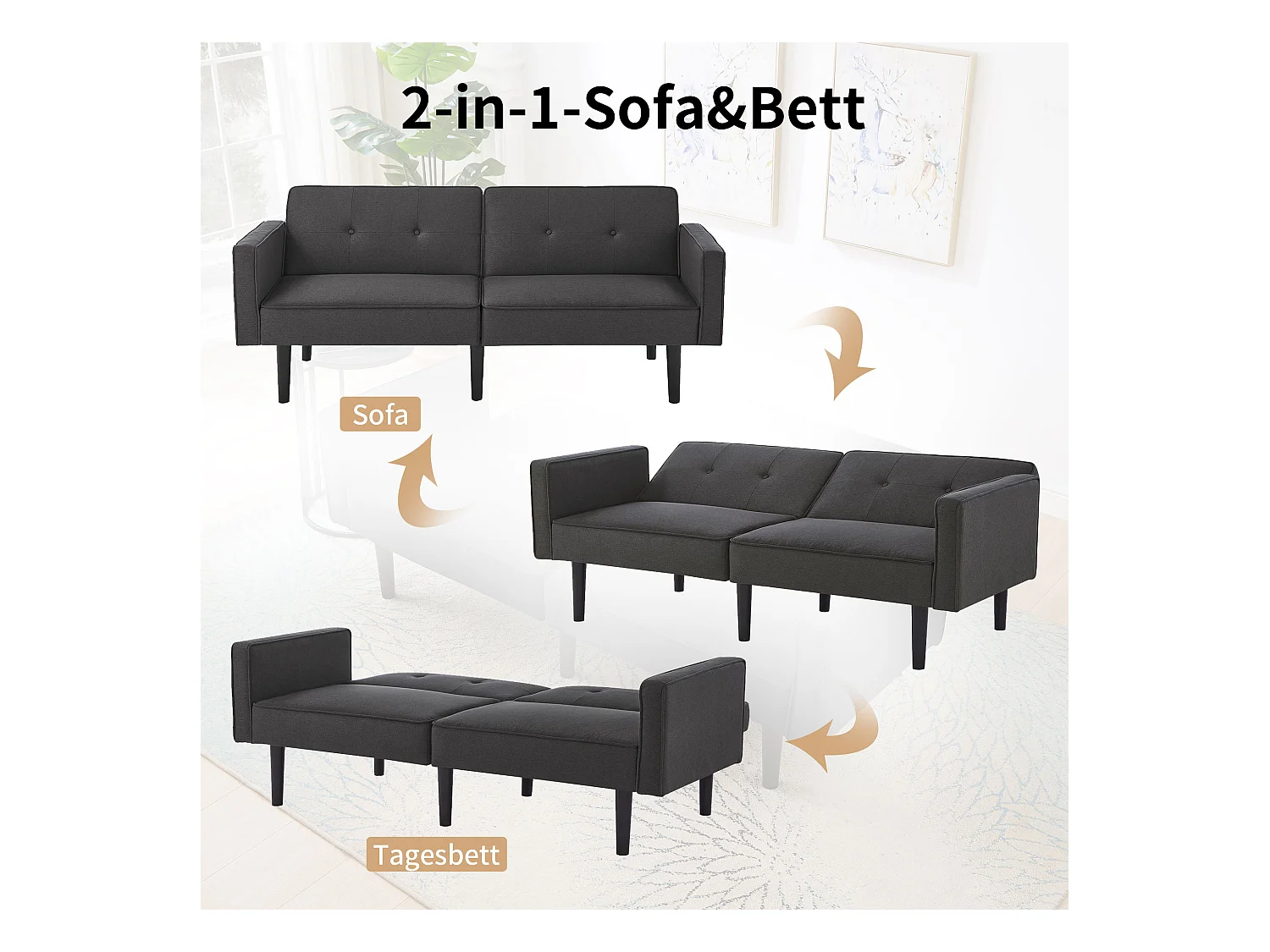 Sofá cama 2 en 1, sofá doble, respaldo doble regulable independientemente, con función dormir, tejido de algodón y lino, color negro