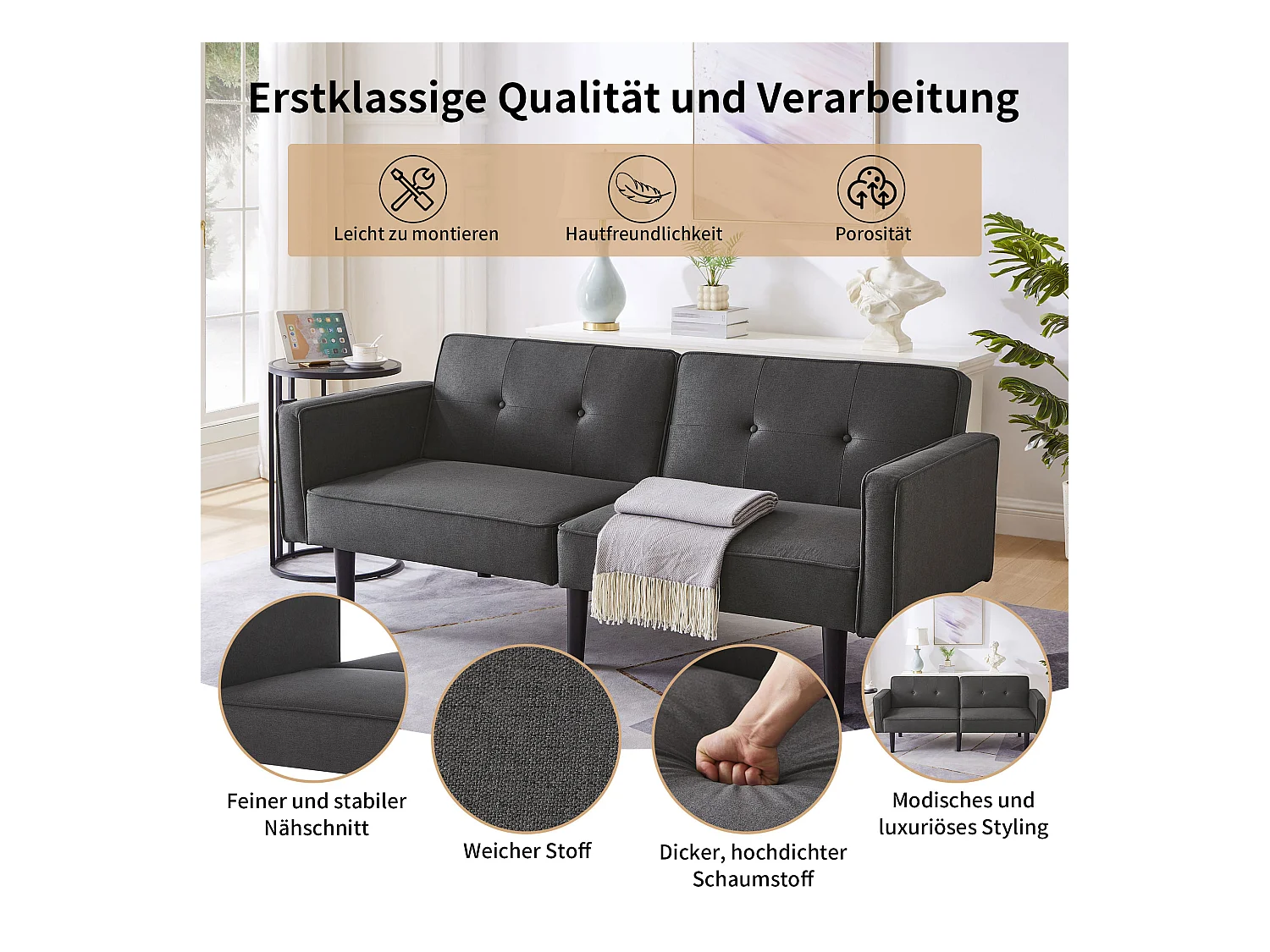 Sofá cama 2 en 1, sofá doble, respaldo doble regulable independientemente, con función dormir, tejido de algodón y lino, color negro