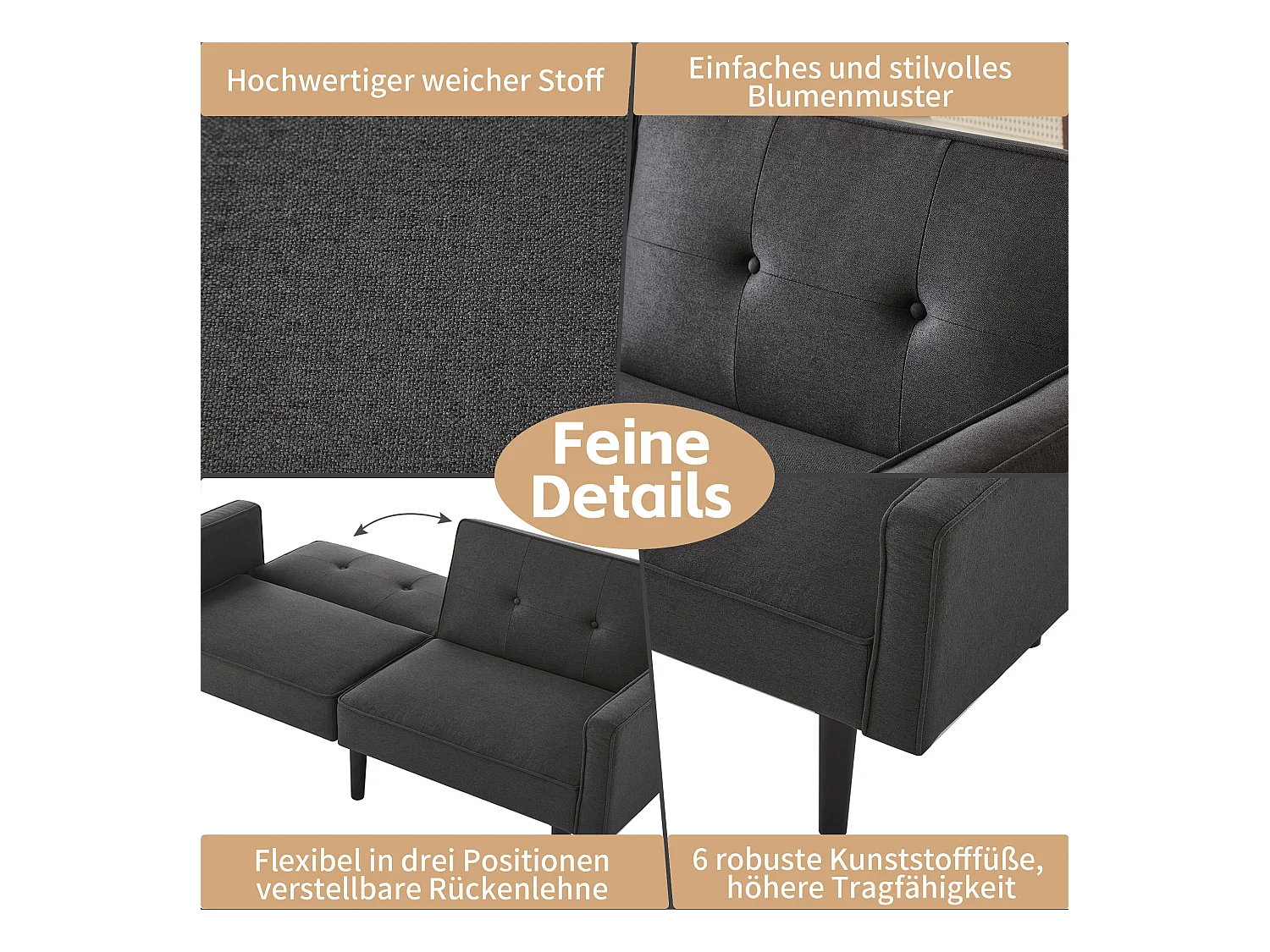 Sofá cama 2 en 1, sofá doble, respaldo doble regulable independientemente, con función dormir, tejido de algodón y lino, color negro