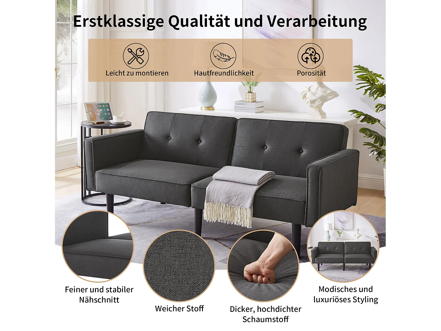 Sofá-cama 2 em 1, sofá de casal, encosto duplo ajustável independentemente, com função de dormir, tecido de algodão e linho, preto