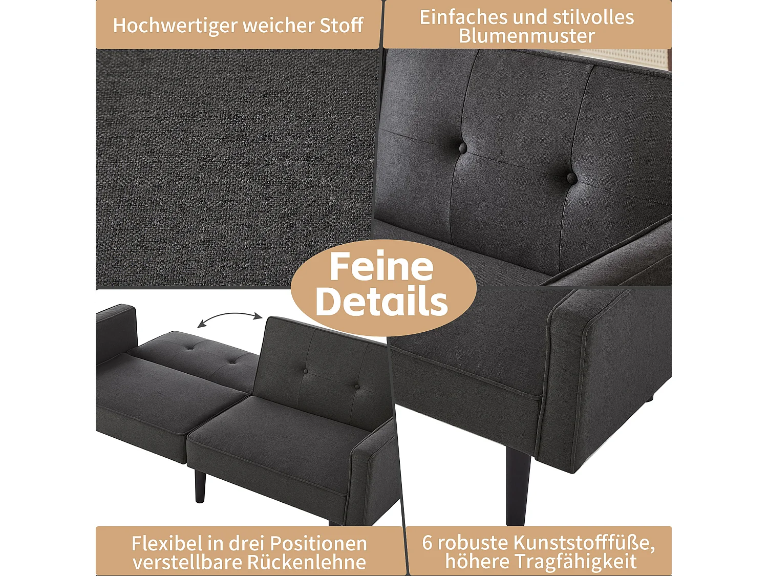 Sofá-cama 2 em 1, sofá de casal, encosto duplo ajustável independentemente, com função de dormir, tecido de algodão e linho, preto