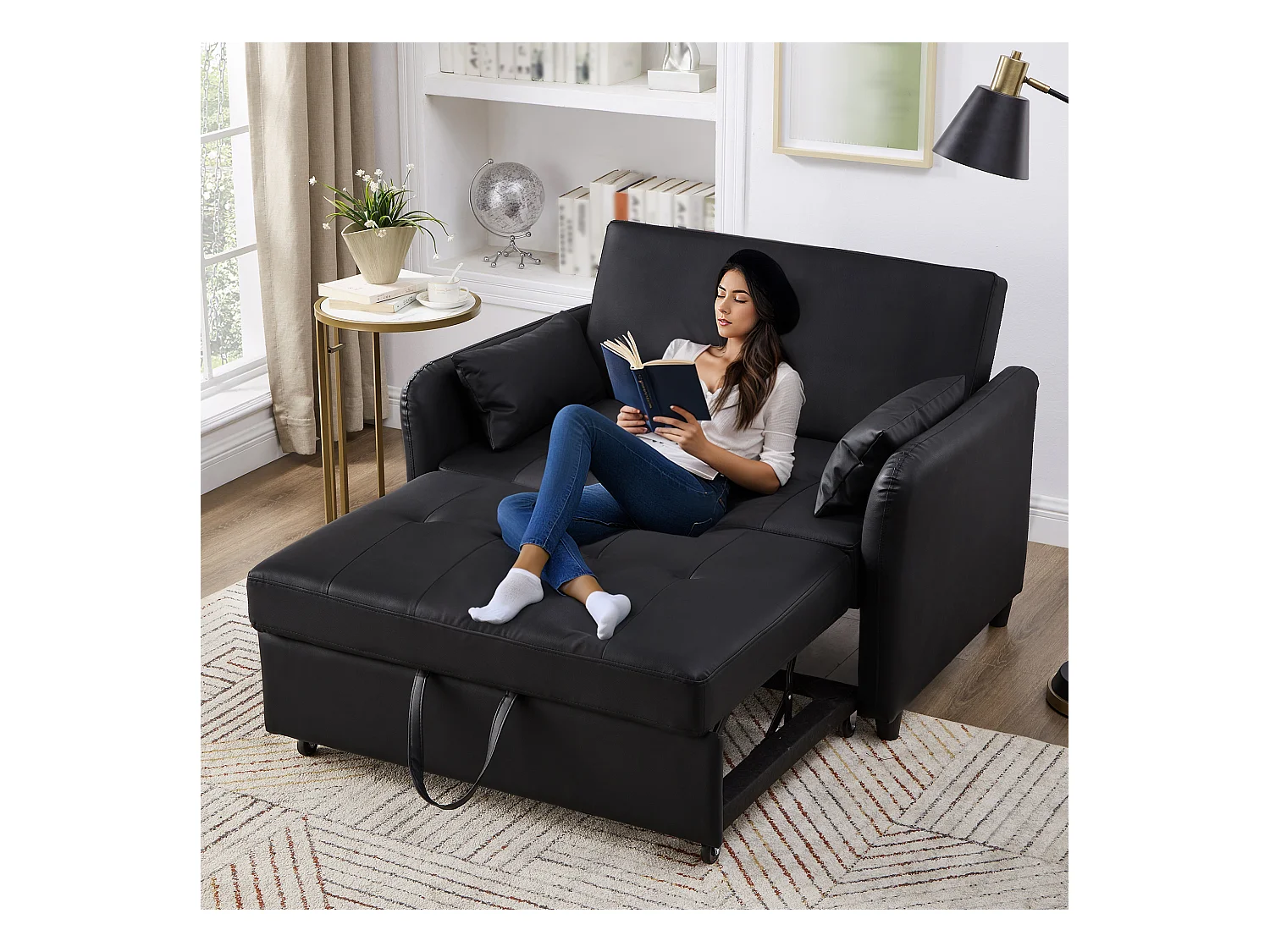 Sofá-cama multifuncional, assento duplo retrátil, encosto ajustável em 3 níveis, PU à prova d'água, preto