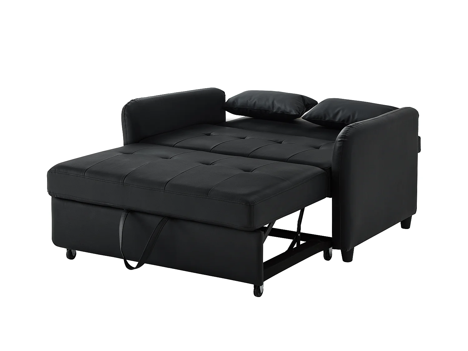 Sofá-cama multifuncional, assento duplo retrátil, encosto ajustável em 3 níveis, PU à prova d'água, preto