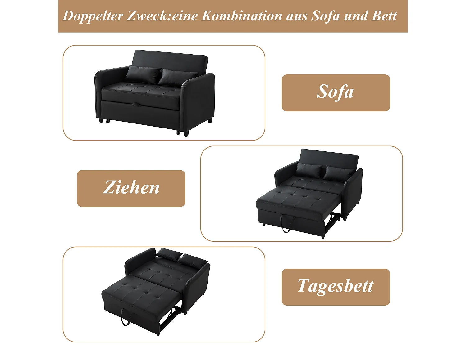 Canapé-lit multifonctionnel, double assise rétractable, dossier réglable sur 3 niveaux, PU imperméable, noir