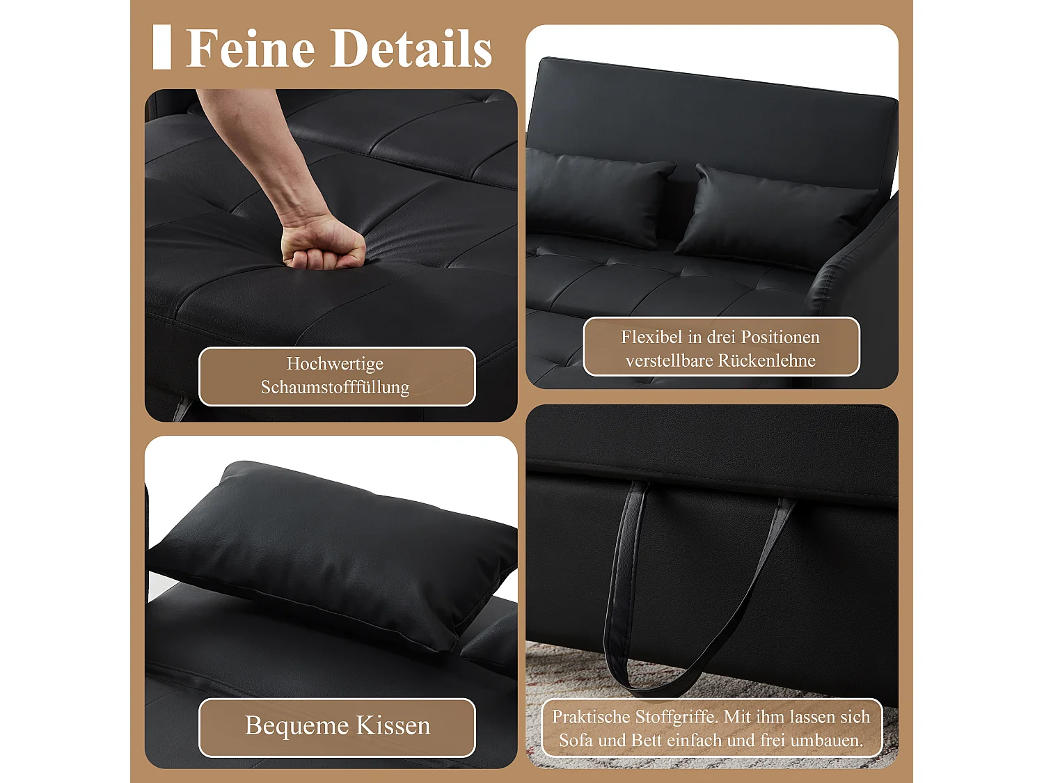 Canapé-lit multifonctionnel, double assise rétractable, dossier réglable sur 3 niveaux, PU imperméable, noir