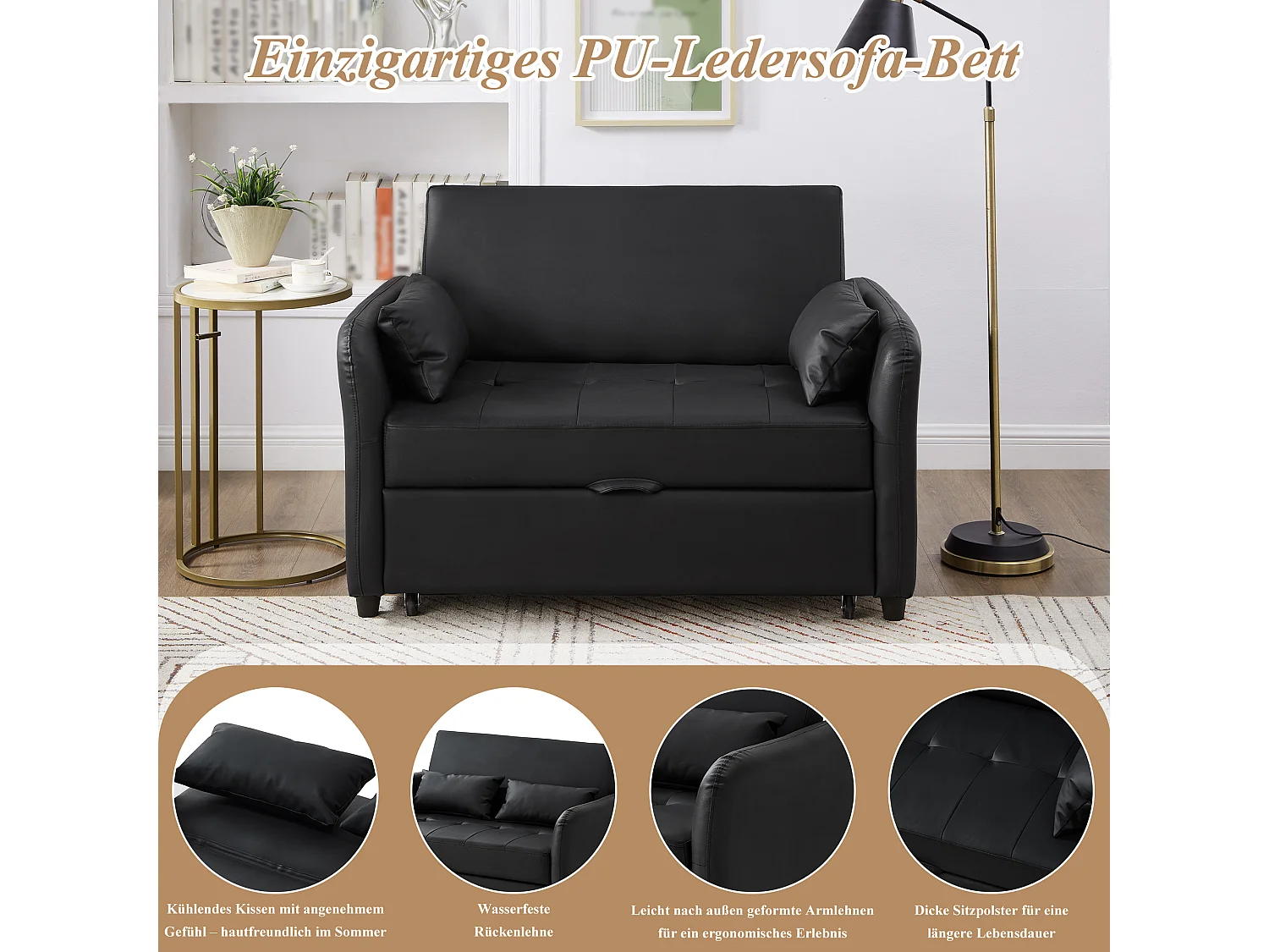 Canapé-lit multifonctionnel, double assise rétractable, dossier réglable sur 3 niveaux, PU imperméable, noir