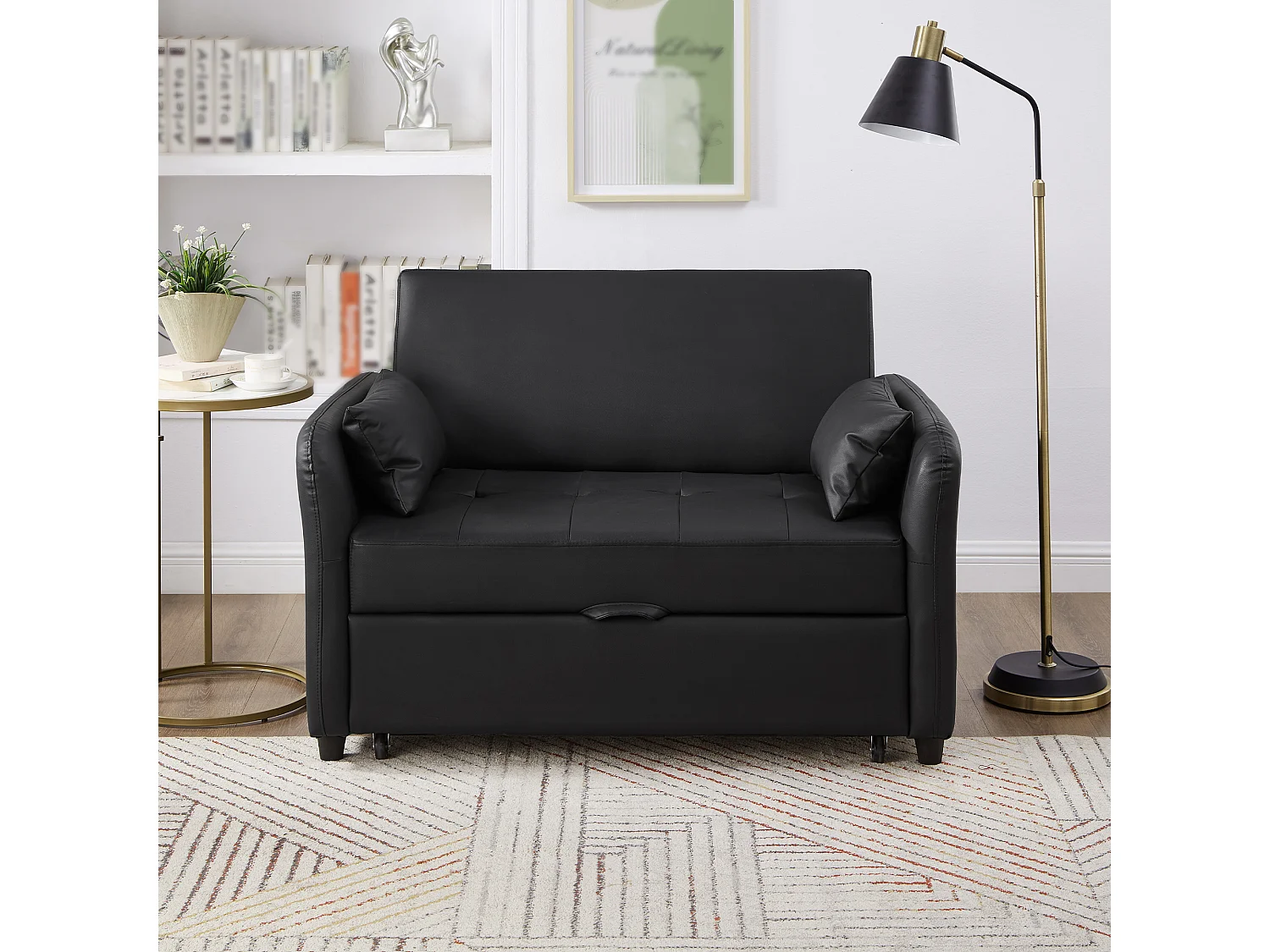 Canapé-lit multifonctionnel, double assise rétractable, dossier réglable sur 3 niveaux, PU imperméable, noir