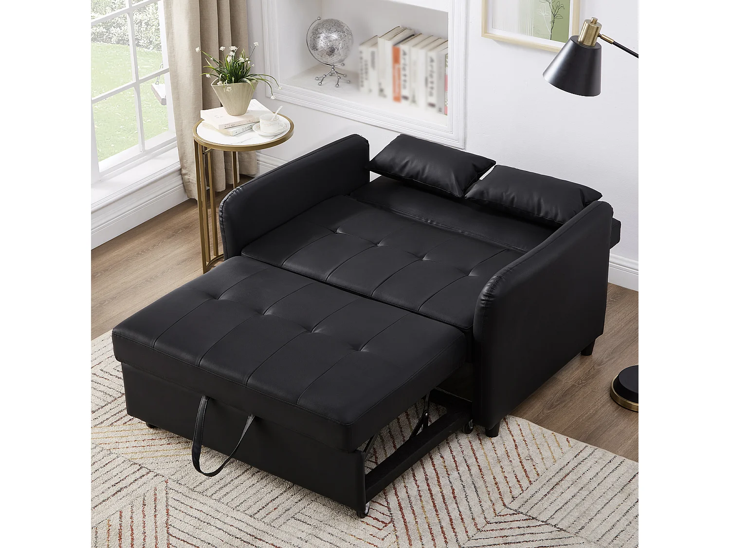 Canapé-lit multifonctionnel, double assise rétractable, dossier réglable sur 3 niveaux, PU imperméable, noir