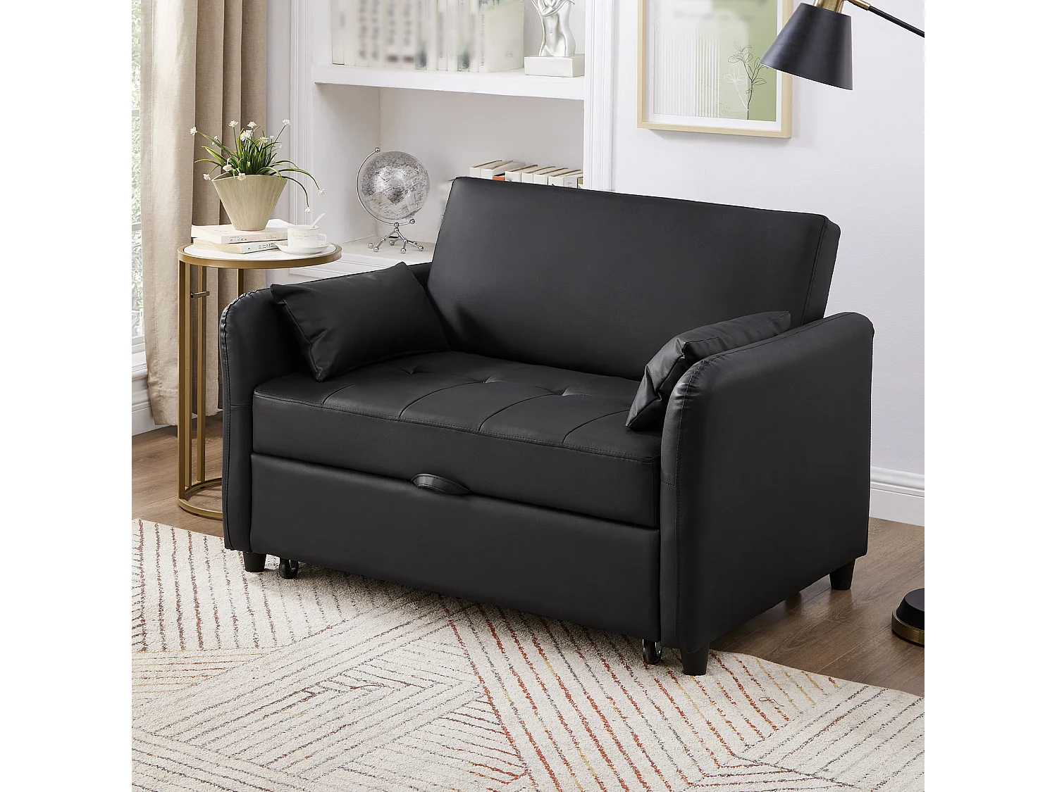 Canapé-lit multifonctionnel, double assise rétractable, dossier réglable sur 3 niveaux, PU imperméable, noir