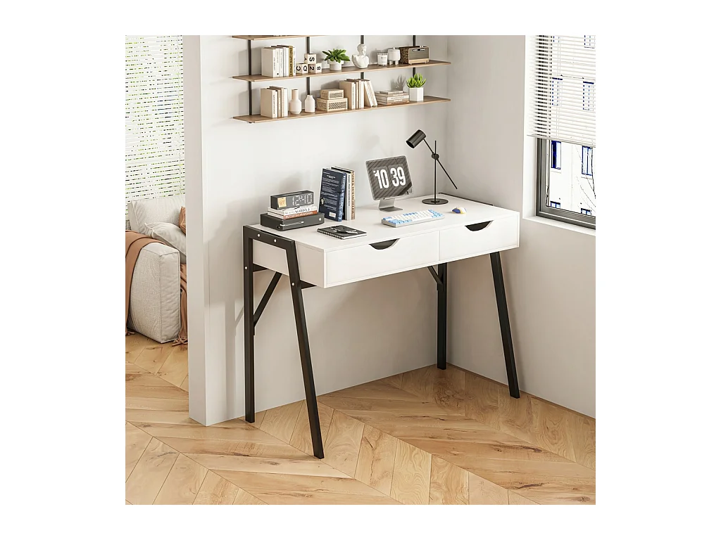 Secretária moderna com gavetas, branca, sobre pernas pretas, 80 cm