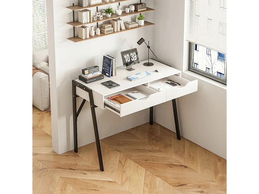 Modern bureau met laden, wit, op zwarte poten, 80 cm